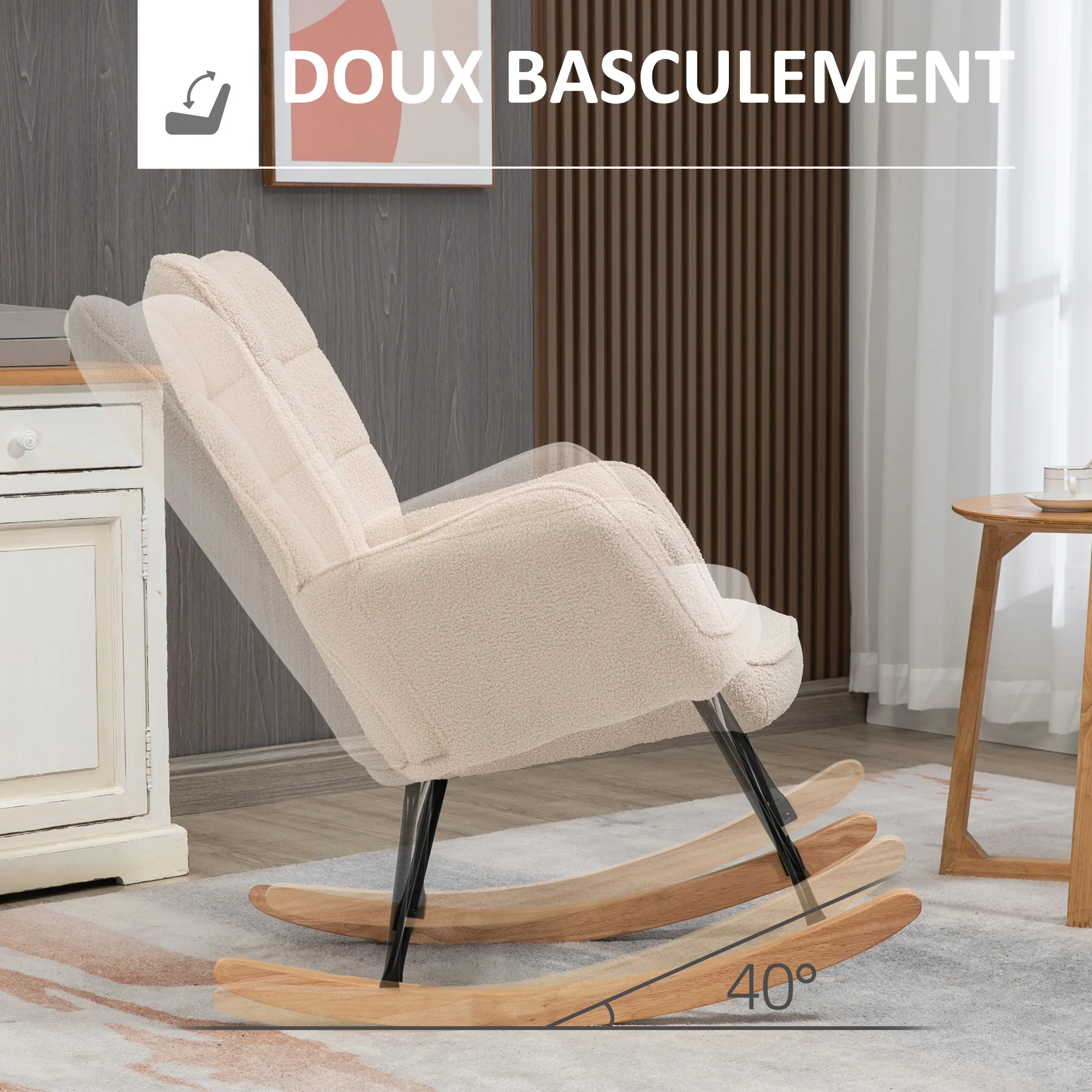 Fauteuil à bascule, rocking chair, revêtement bouclette, fauteuil allaitement, chaise à bascule, structure en acier, pieds en bois massif, beige - Image 5