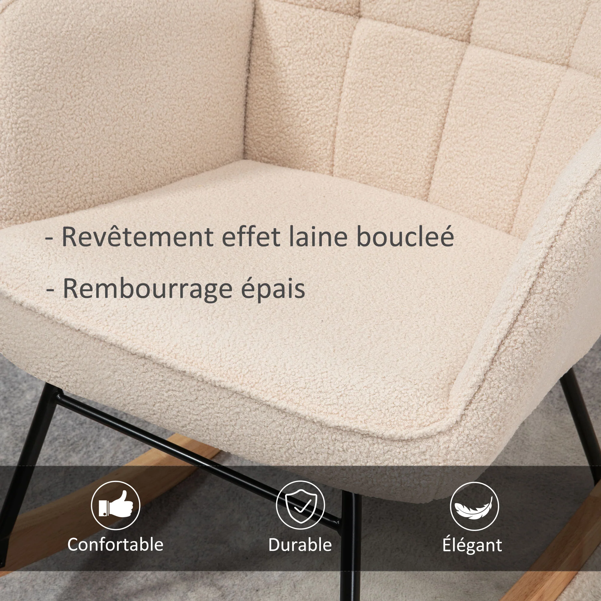 Fauteuil à bascule, rocking chair, revêtement bouclette, fauteuil allaitement, chaise à bascule, structure en acier, pieds en bois massif, beige - Image 6
