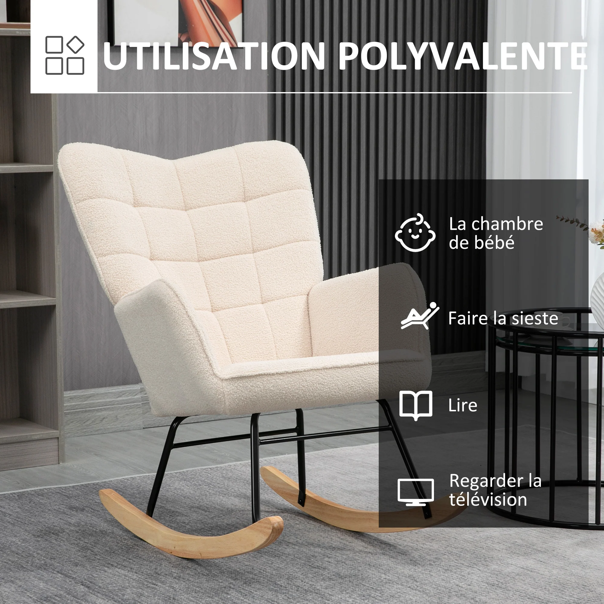 Fauteuil à bascule, rocking chair, revêtement bouclette, fauteuil allaitement, chaise à bascule, structure en acier, pieds en bois massif, beige - Image 7