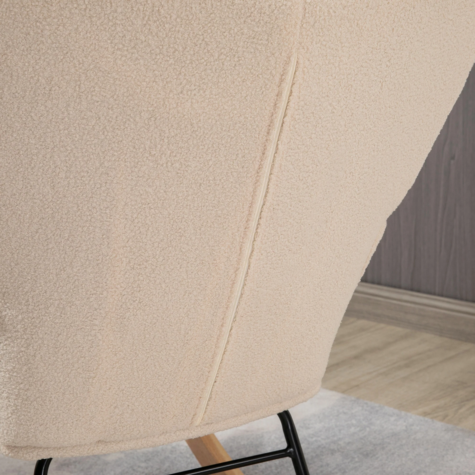 Fauteuil à bascule, rocking chair, revêtement bouclette, fauteuil allaitement, chaise à bascule, structure en acier, pieds en bois massif, beige - Image 8