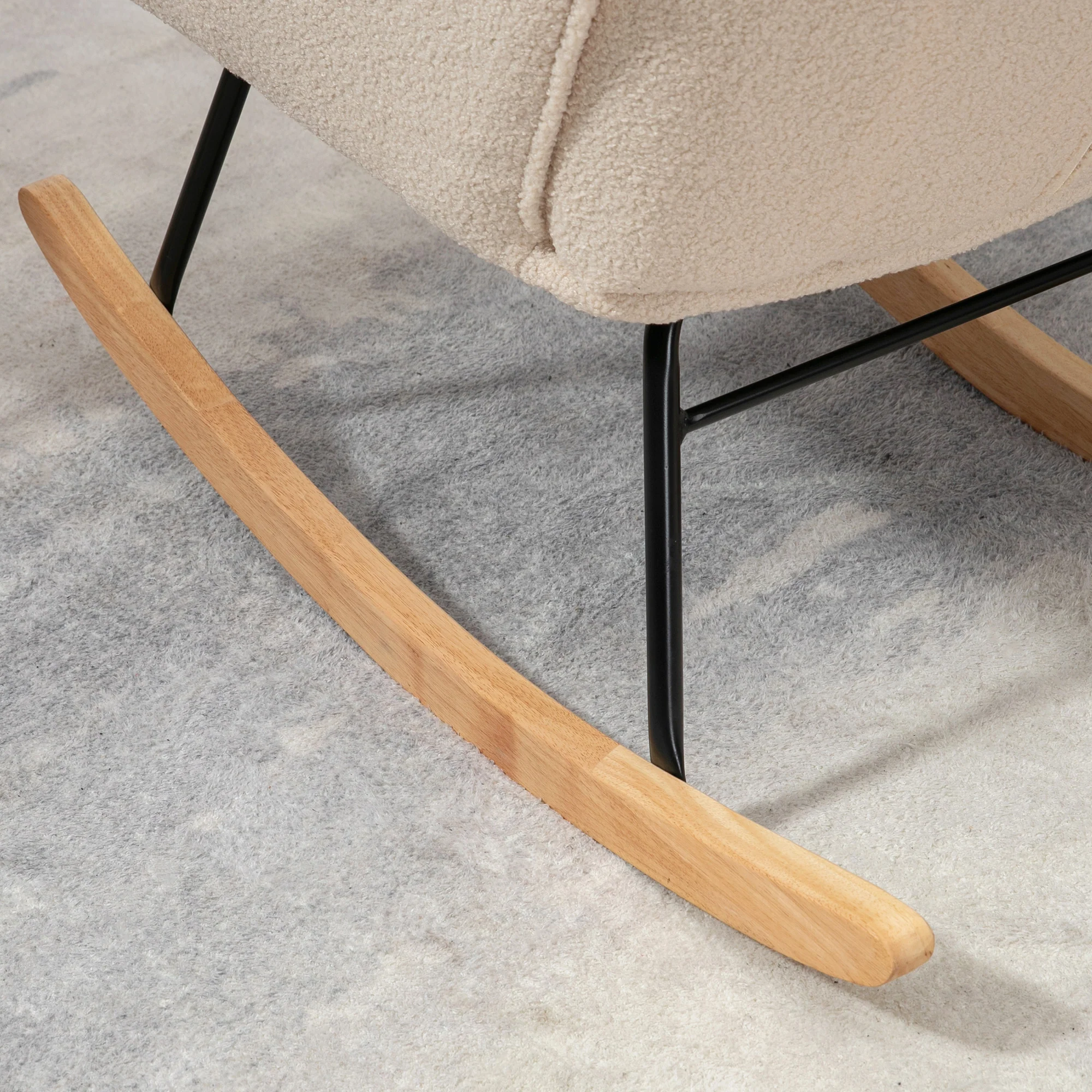 Fauteuil à bascule, rocking chair, revêtement bouclette, fauteuil allaitement, chaise à bascule, structure en acier, pieds en bois massif, beige - Image 9
