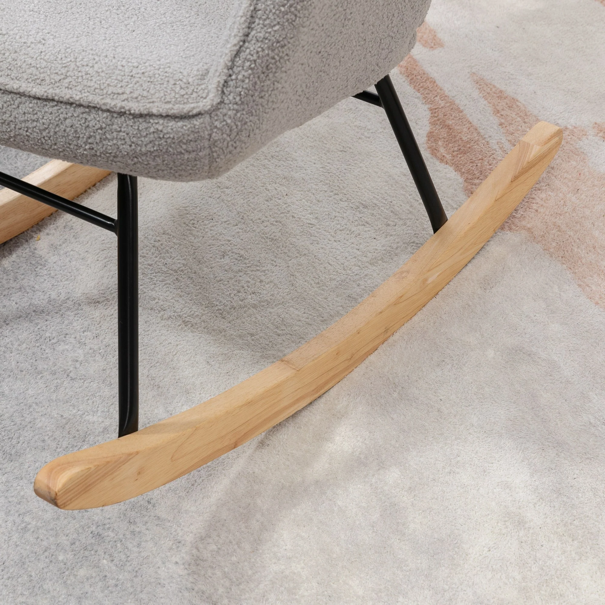 Fauteuil à bascule, rocking chair, revêtement bouclette, fauteuil allaitement, chaise à bascule, structure en acier, pieds en bois massif, gris clair - Image 10