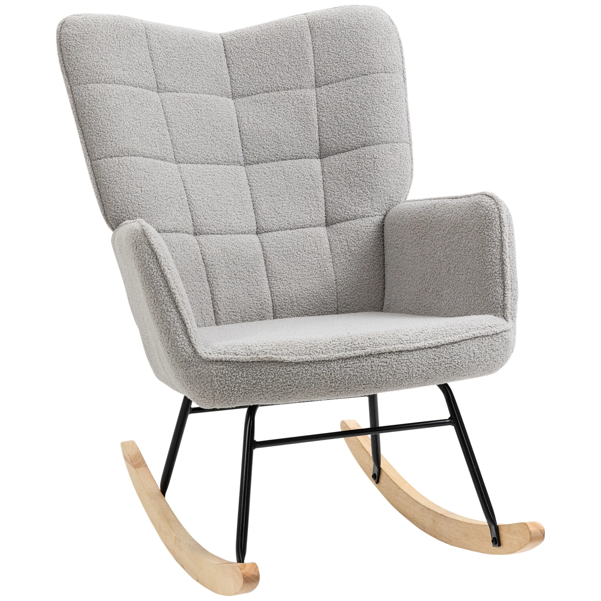 Fauteuil à bascule, rocking chair, revêtement bouclette, fauteuil allaitement, chaise à bascule, structure en acier, pieds en bois massif, gris clair - Image 11