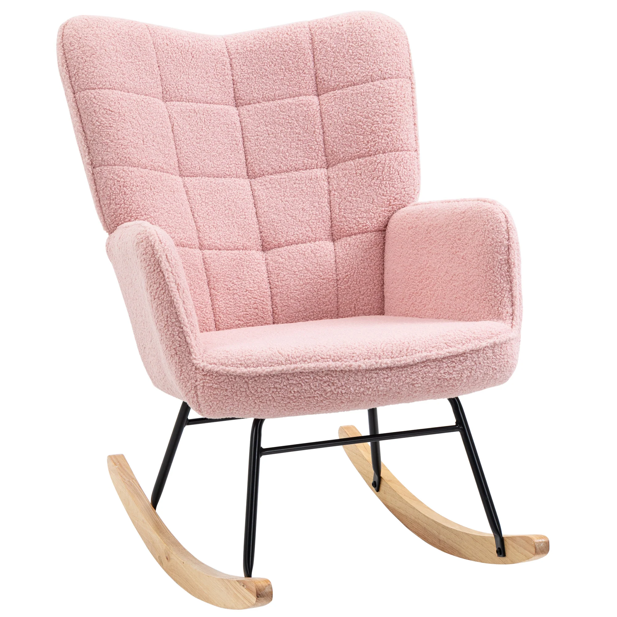 Fauteuil à bascule, rocking chair, revêtement bouclette, fauteuil allaitement, chaise à bascule, structure en acier, pieds en bois massif, rose - Image 11