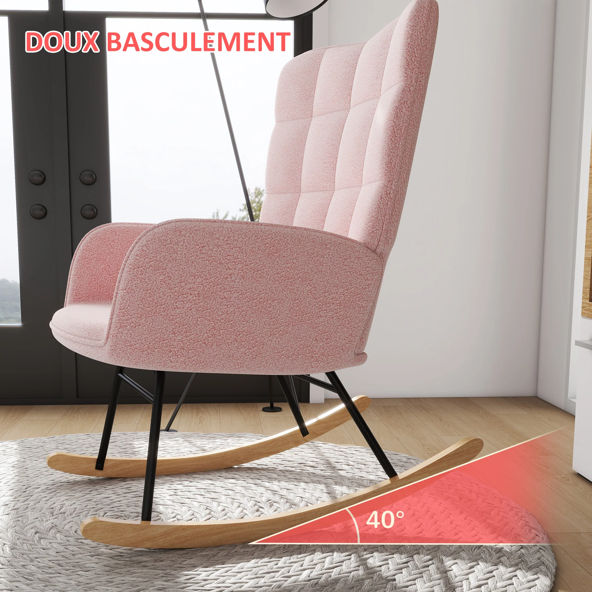 Fauteuil à bascule, rocking chair, revêtement bouclette, fauteuil allaitement, chaise à bascule, structure en acier, pieds en bois massif, rose - Image 5