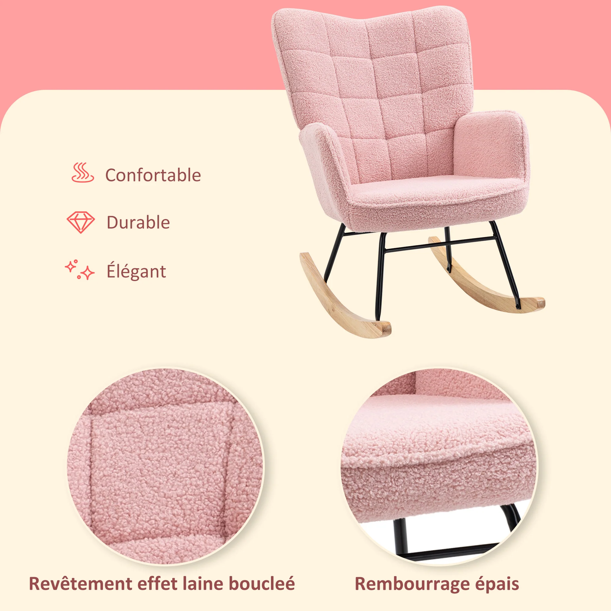 Fauteuil à bascule, rocking chair, revêtement bouclette, fauteuil allaitement, chaise à bascule, structure en acier, pieds en bois massif, rose - Image 6