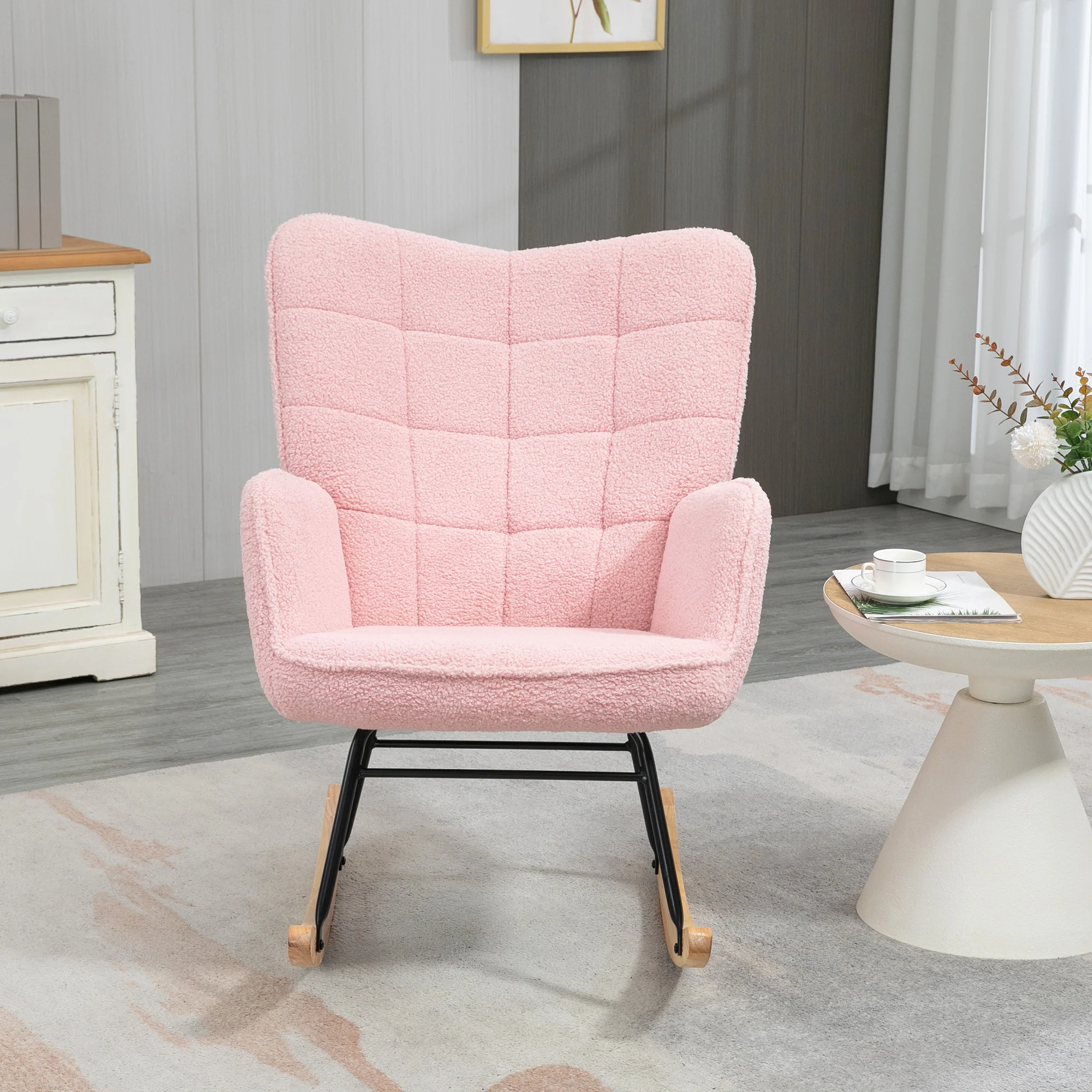 Fauteuil à bascule, rocking chair, revêtement bouclette, fauteuil allaitement, chaise à bascule, structure en acier, pieds en bois massif, rose - Image 8