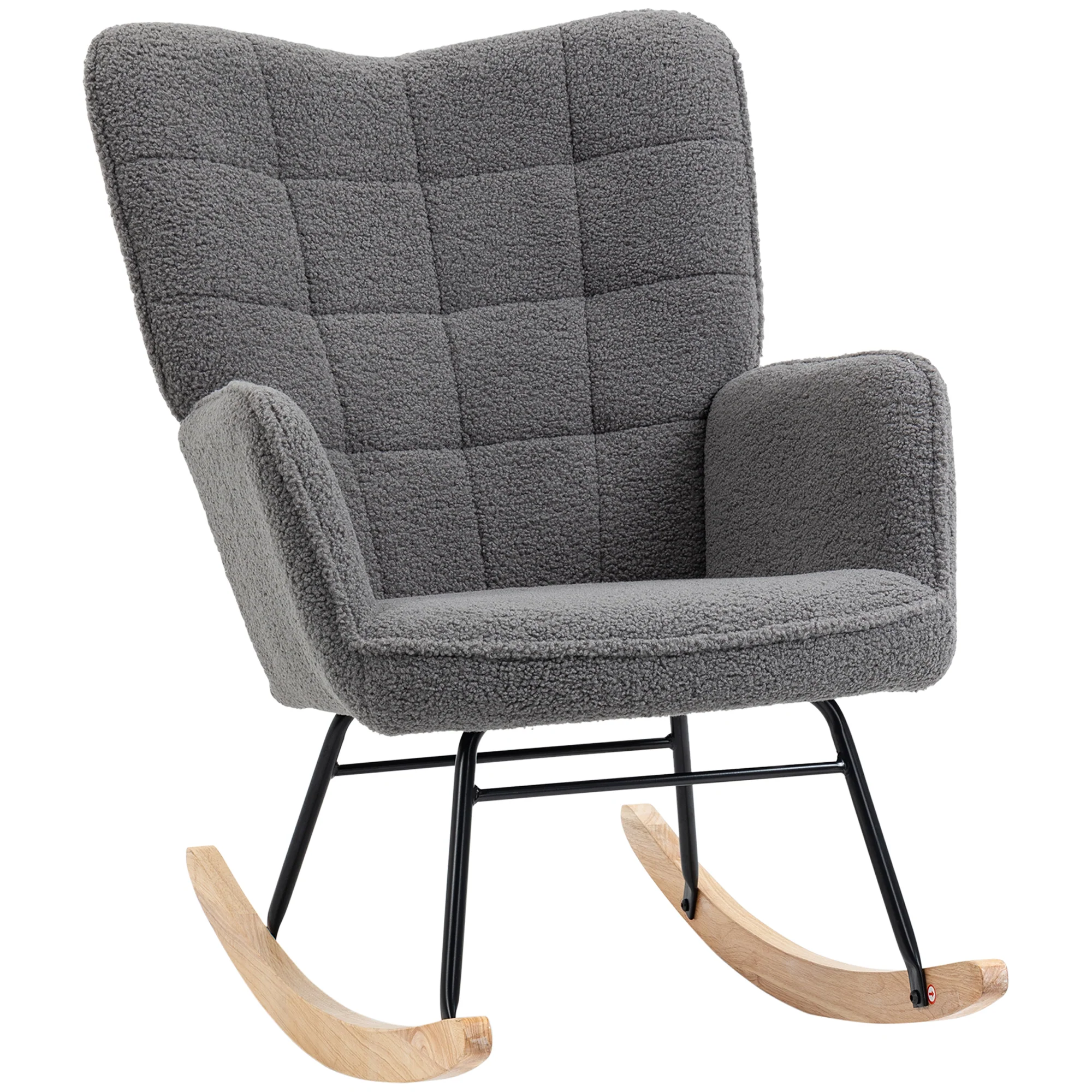 Fauteuil à bascule, rocking chair, revêtement bouclette, fauteuil allaitement, chaise à bascule, structure en acier, pieds en bois massif, gris foncé - Image 2