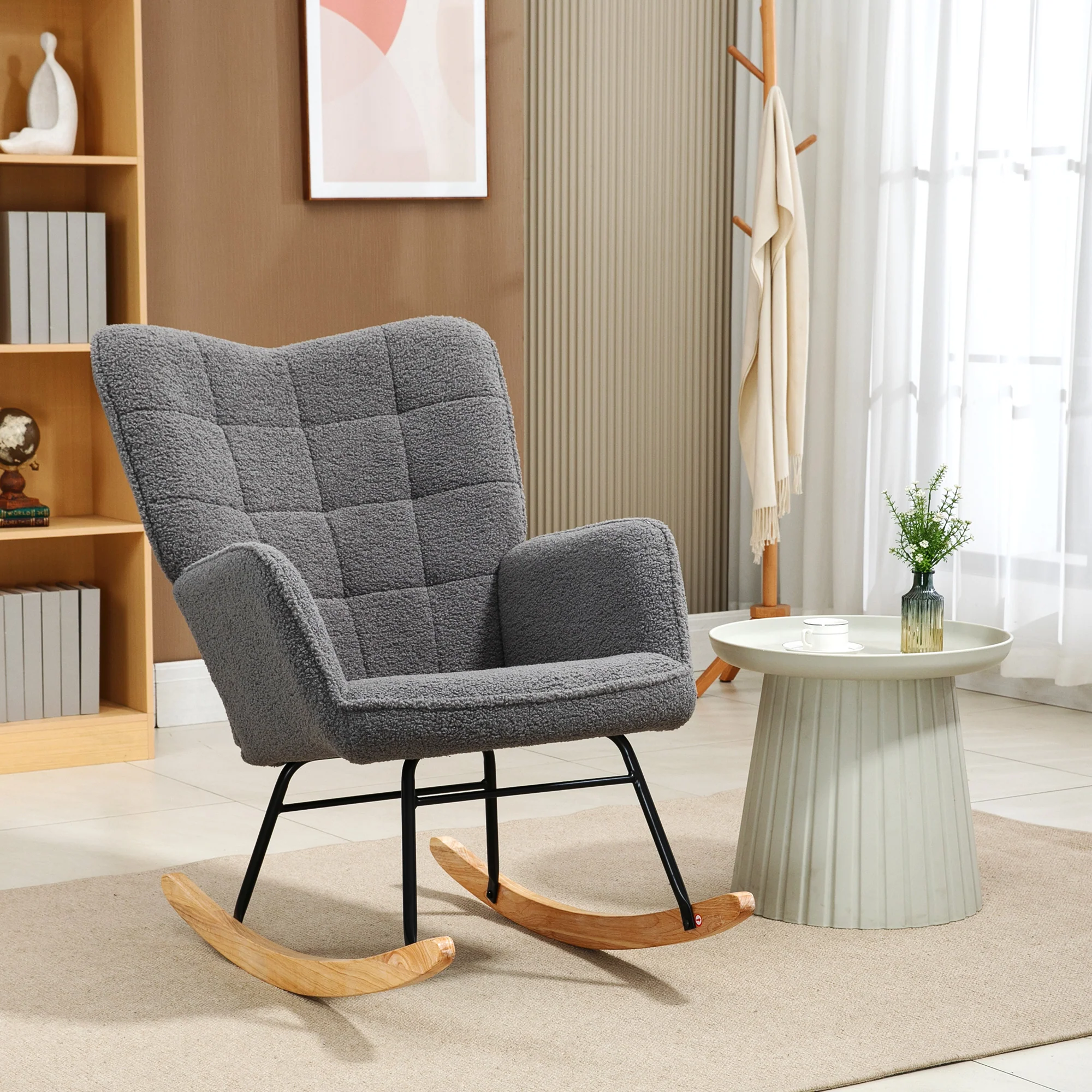 Fauteuil à bascule, rocking chair, revêtement bouclette, fauteuil allaitement, chaise à bascule, structure en acier, pieds en bois massif, gris foncé - Image 3