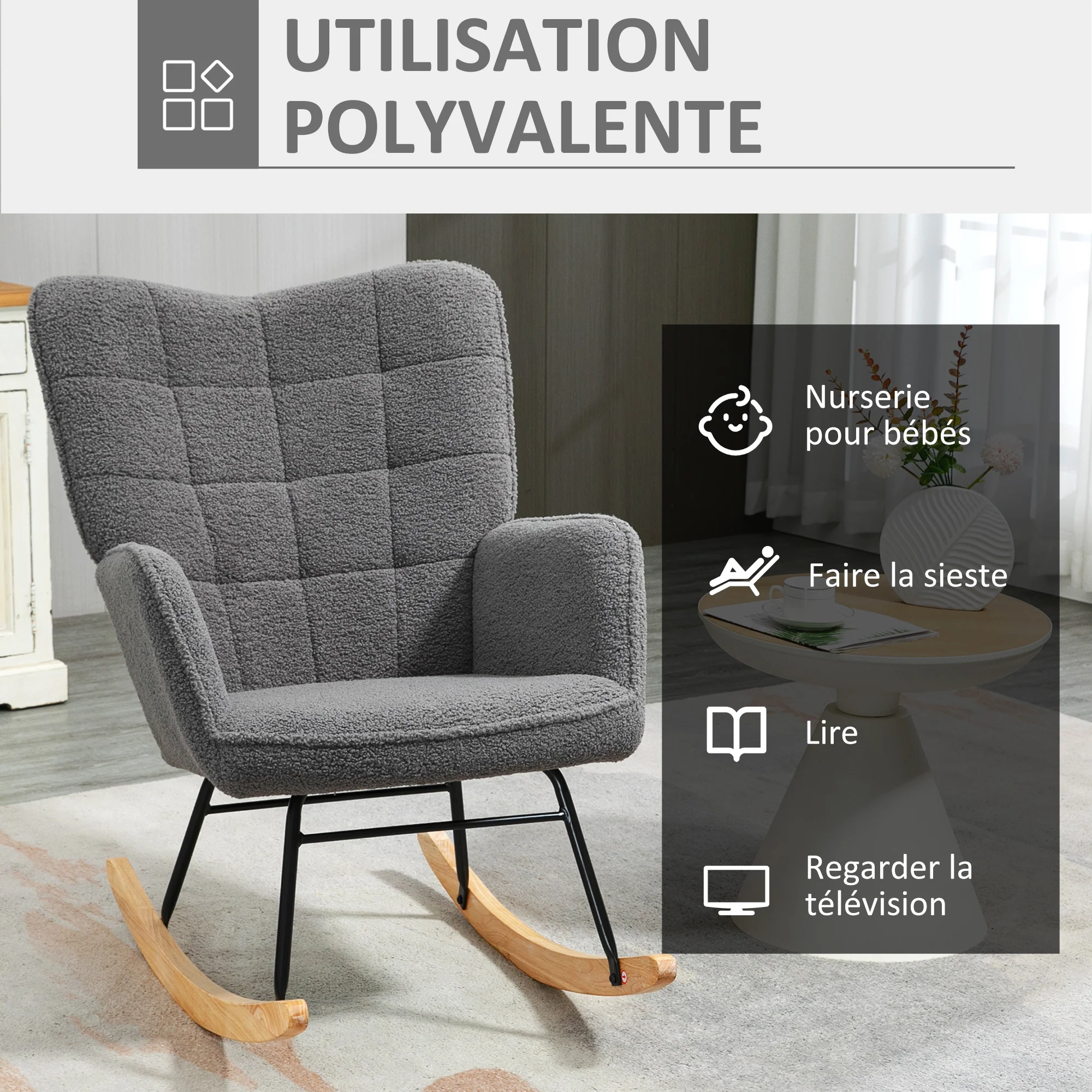 Fauteuil à bascule, rocking chair, revêtement bouclette, fauteuil allaitement, chaise à bascule, structure en acier, pieds en bois massif, gris foncé - Image 7