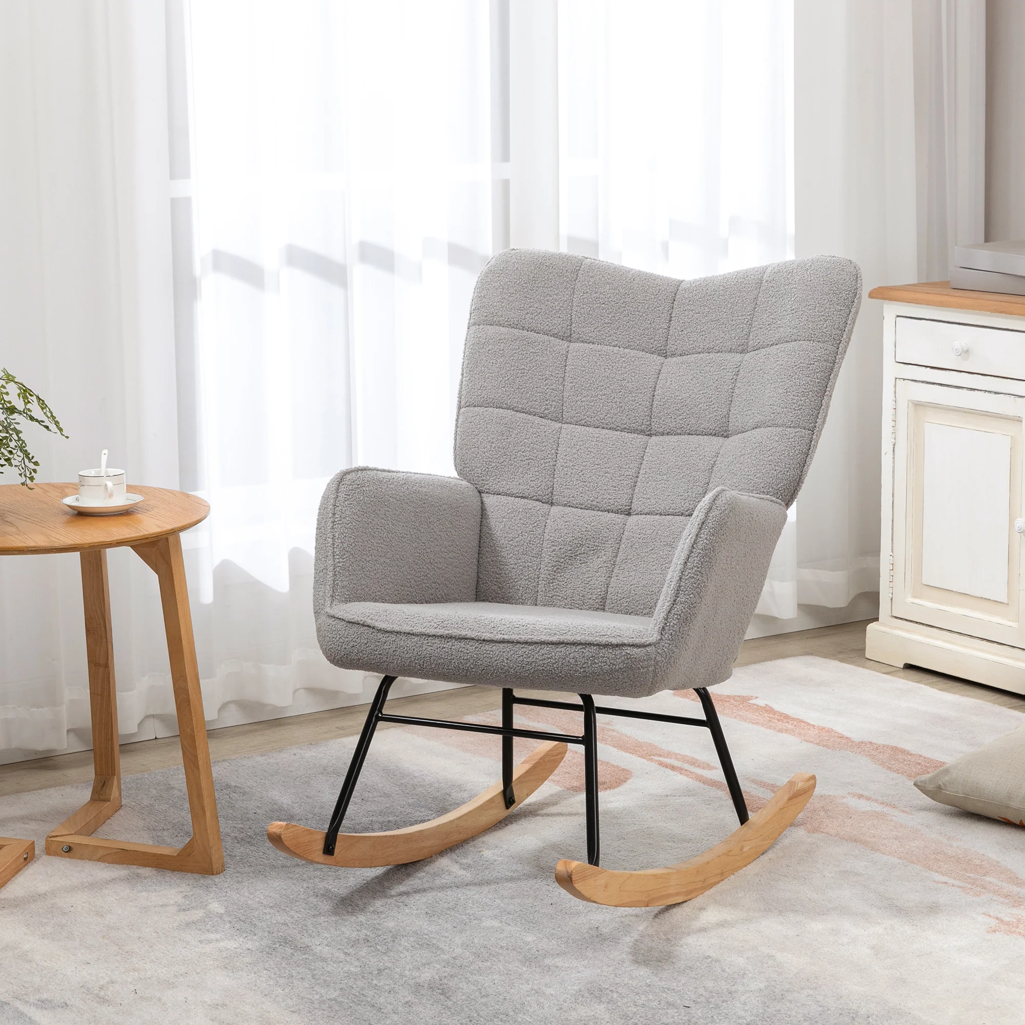 Fauteuil à bascule, rocking chair, revêtement bouclette, fauteuil allaitement, chaise à bascule, structure en acier, pieds en bois massif, gris clair - Image 3