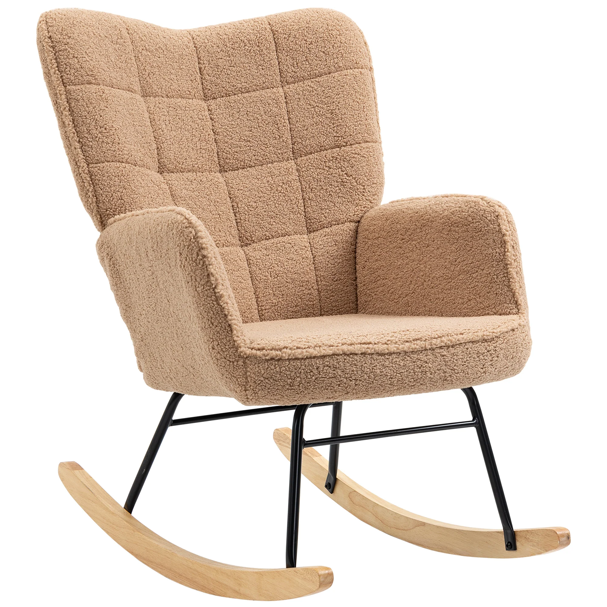 Fauteuil à bascule, rocking chair, revêtement bouclette, fauteuil allaitement, chaise à bascule, structure en acier, pieds en bois massif, marron