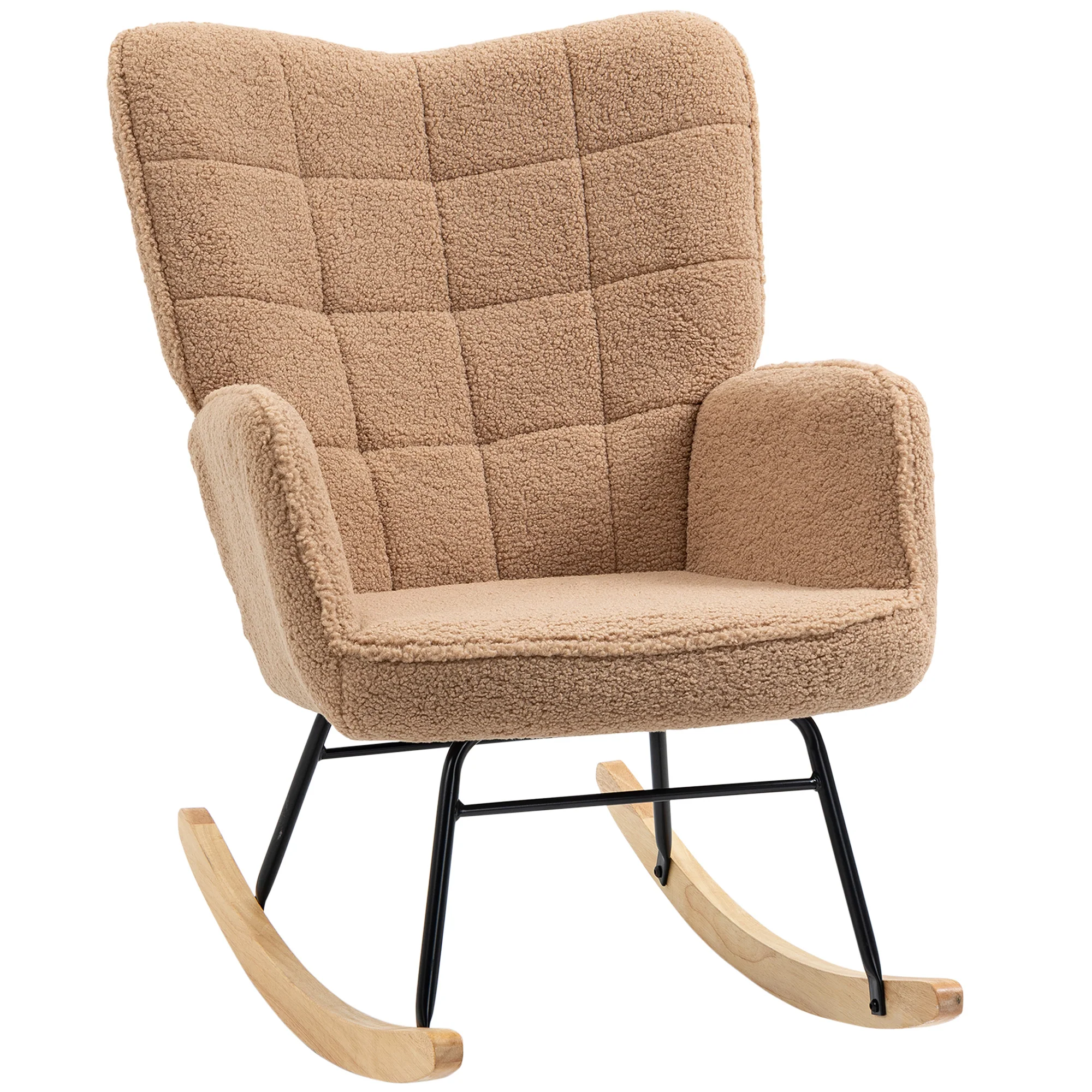 Fauteuil à bascule, rocking chair, revêtement bouclette, fauteuil allaitement, chaise à bascule, structure en acier, pieds en bois massif, marron - Image 2
