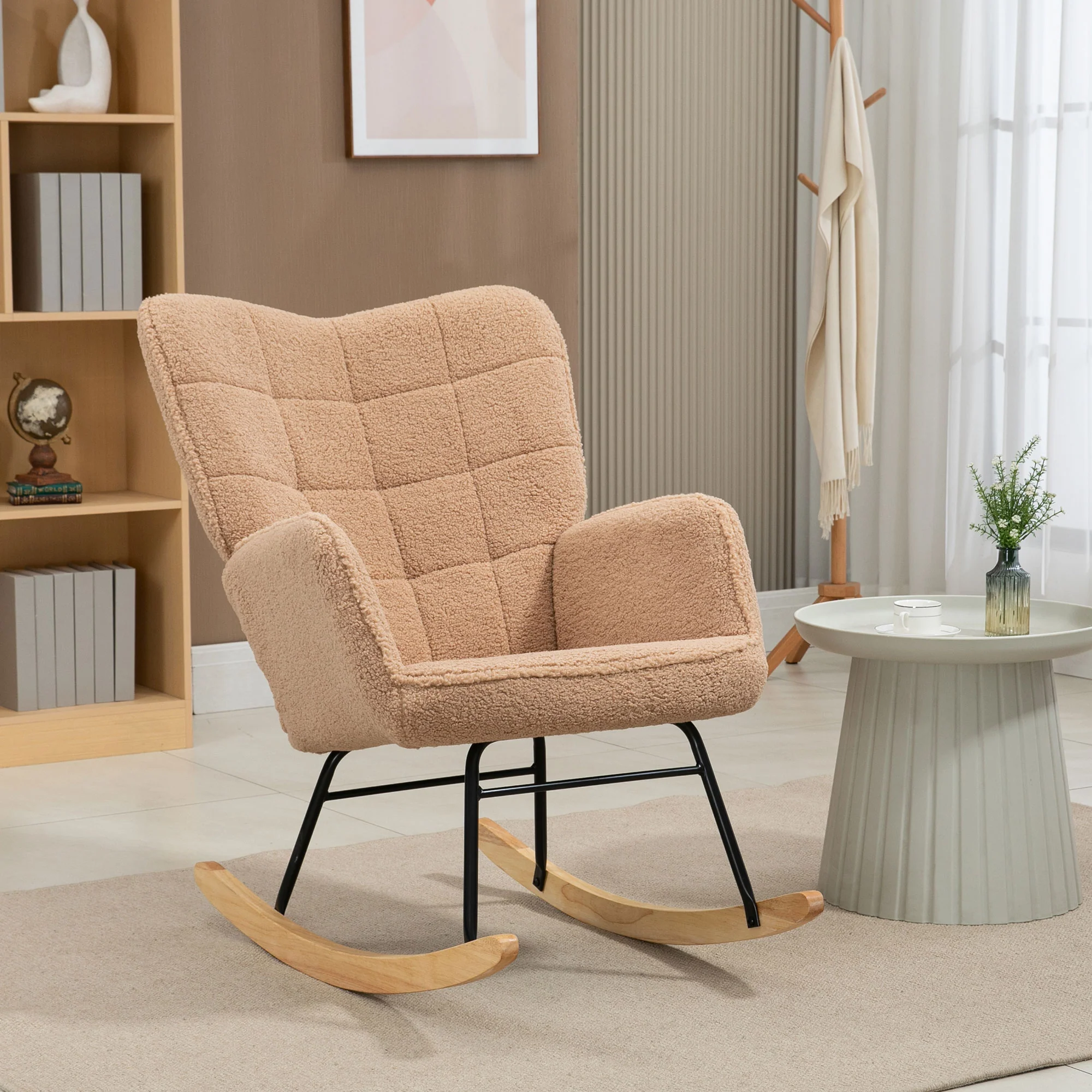 Fauteuil à bascule, rocking chair, revêtement bouclette, fauteuil allaitement, chaise à bascule, structure en acier, pieds en bois massif, marron - Image 3