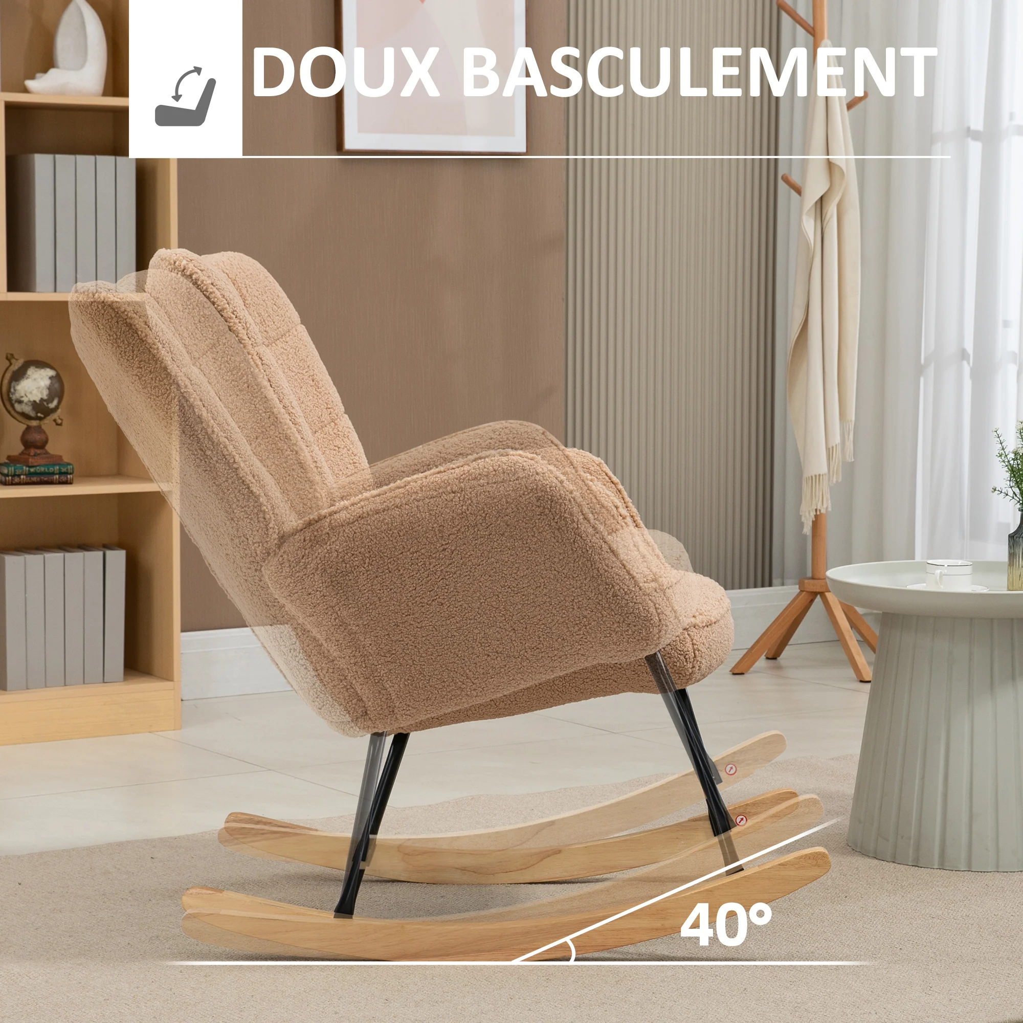 Fauteuil à bascule, rocking chair, revêtement bouclette, fauteuil allaitement, chaise à bascule, structure en acier, pieds en bois massif, marron - Image 5