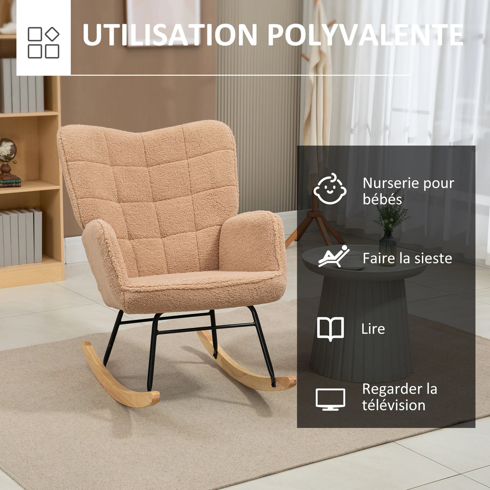 Fauteuil à bascule, rocking chair, revêtement bouclette, fauteuil allaitement, chaise à bascule, structure en acier, pieds en bois massif, marron - Image 7