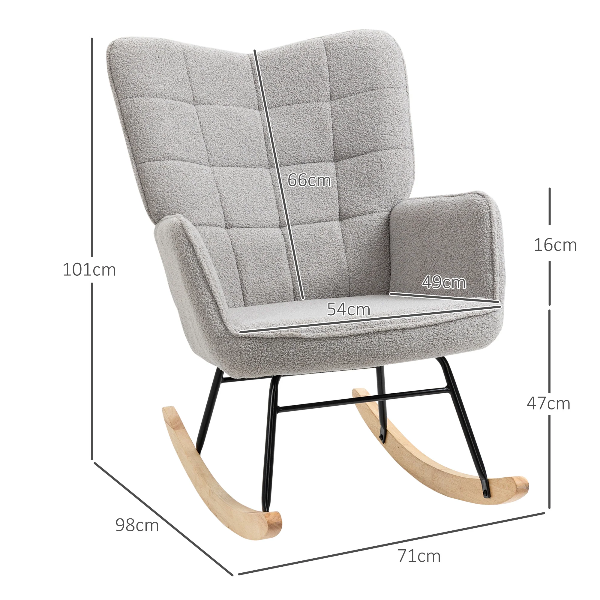 Fauteuil à bascule, rocking chair, revêtement bouclette, fauteuil allaitement, chaise à bascule, structure en acier, pieds en bois massif, gris clair - Image 4