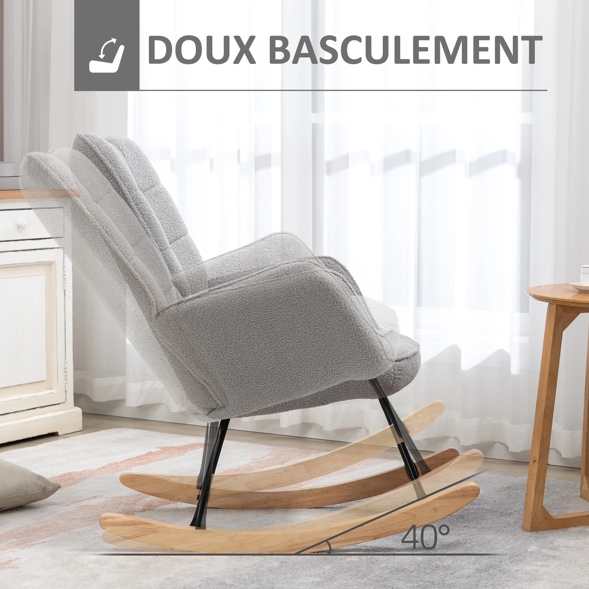 Fauteuil à bascule, rocking chair, revêtement bouclette, fauteuil allaitement, chaise à bascule, structure en acier, pieds en bois massif, gris clair - Image 5