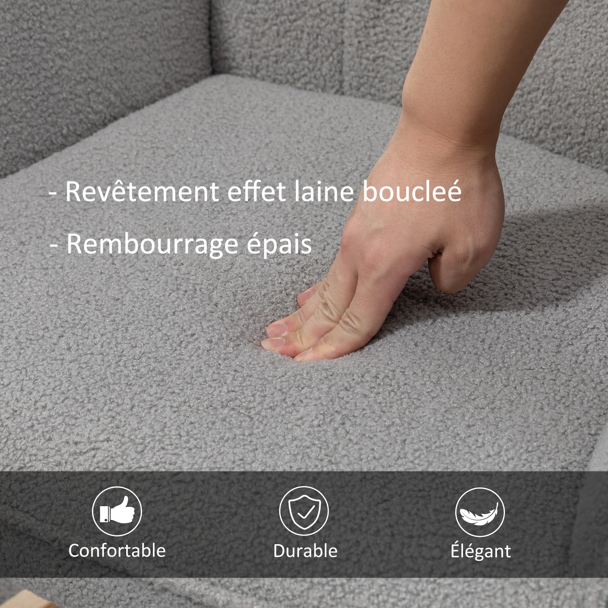 Fauteuil à bascule, rocking chair, revêtement bouclette, fauteuil allaitement, chaise à bascule, structure en acier, pieds en bois massif, gris clair - Image 6