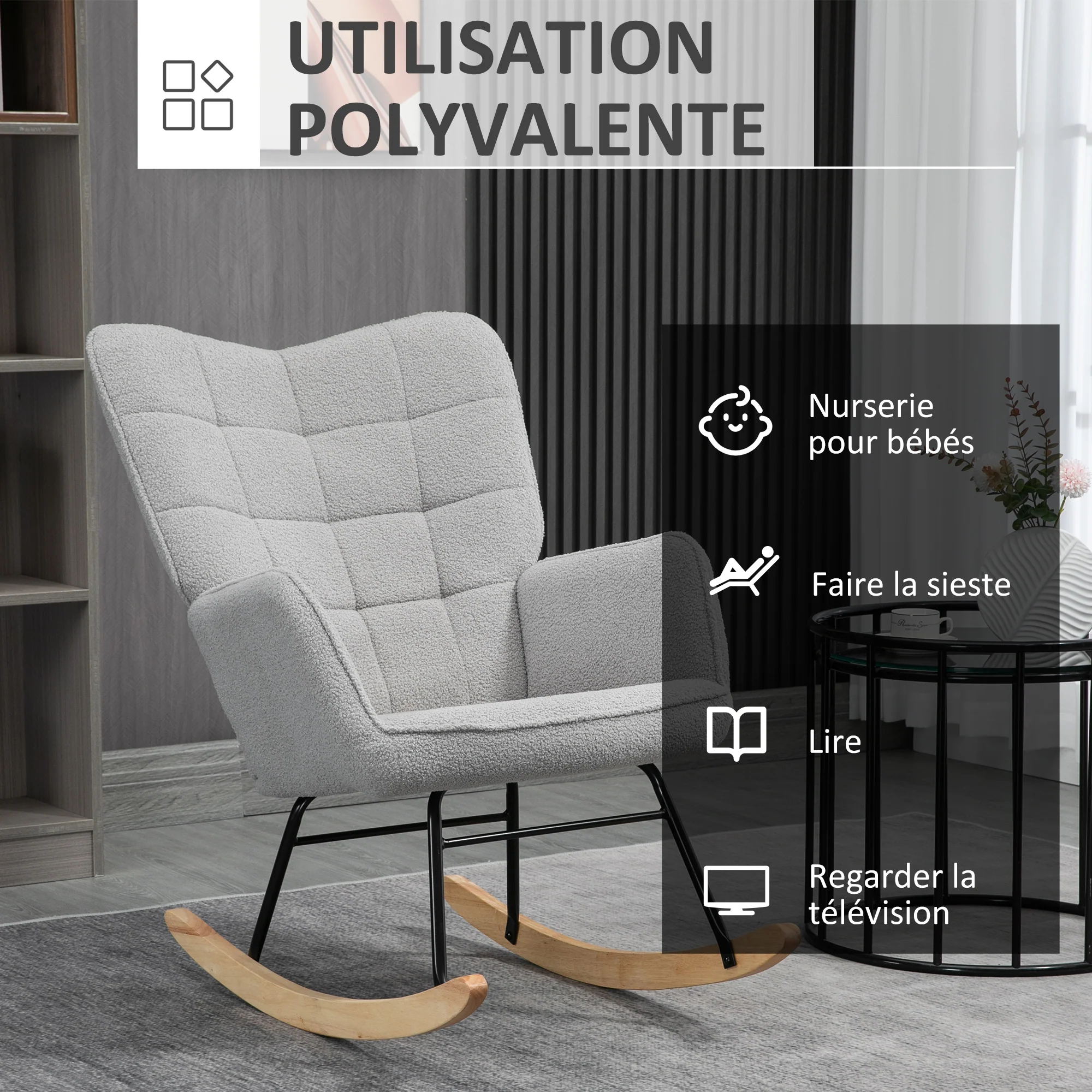 Fauteuil à bascule, rocking chair, revêtement bouclette, fauteuil allaitement, chaise à bascule, structure en acier, pieds en bois massif, gris clair - Image 7