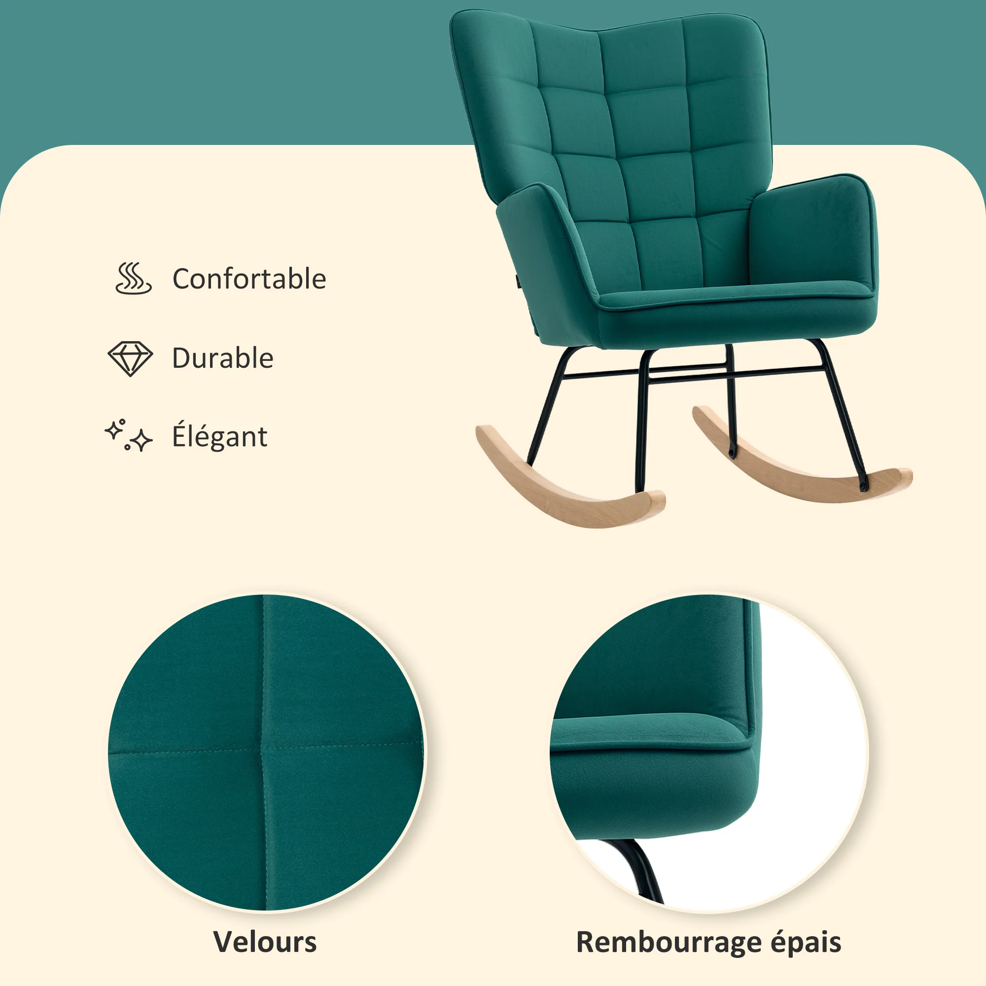 Fauteuil à bascule, rocking chair, revêtement en velours, fauteuil allaitement, chaise à bascule, structure en acier, pieds en bois massif, vert foncé - Image 6
