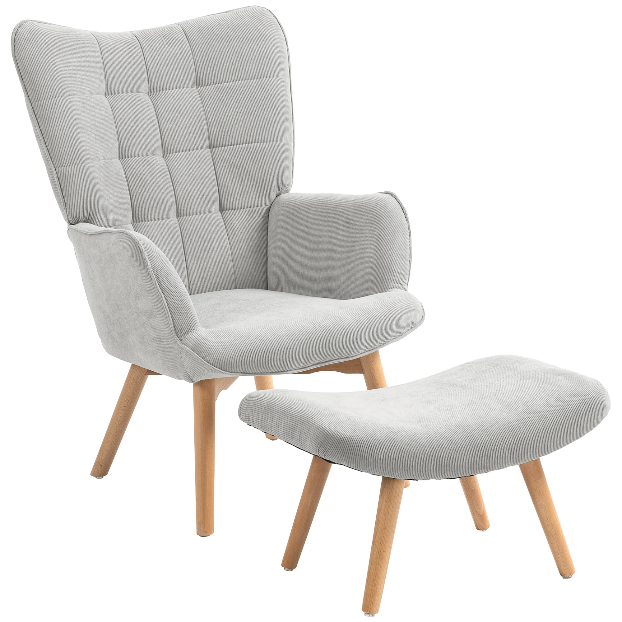 Fauteuil avec repose pied, fauteuil salon avec pieds en bois, dossier haut et tissu aspect velours c?telé, pour salon chambre à coucher gris - Image 11