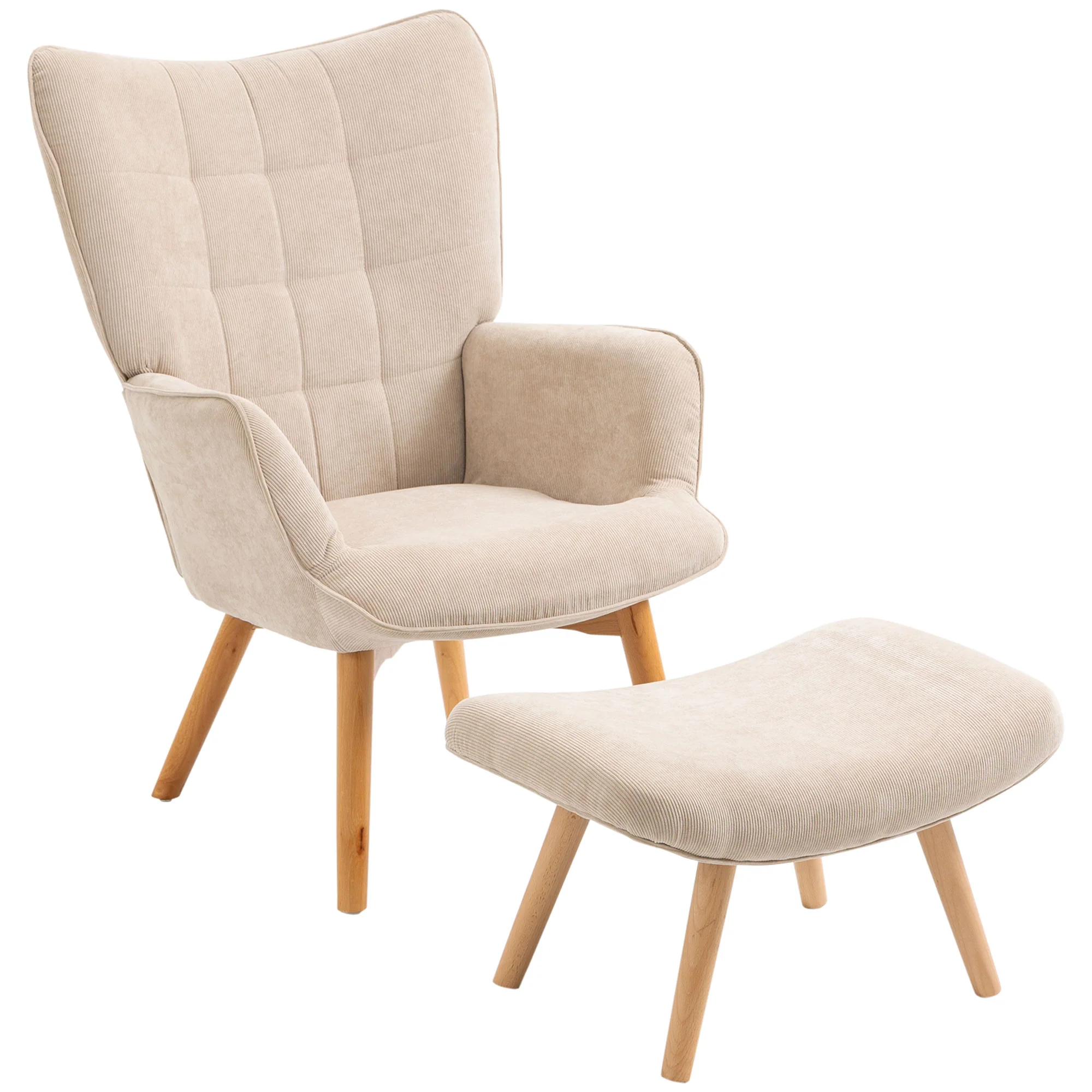 Fauteuil avec repose pied, fauteuil salon avec pieds en bois, dossier haut et tissu aspect velours c?telé, pour salon chambre à coucher beige