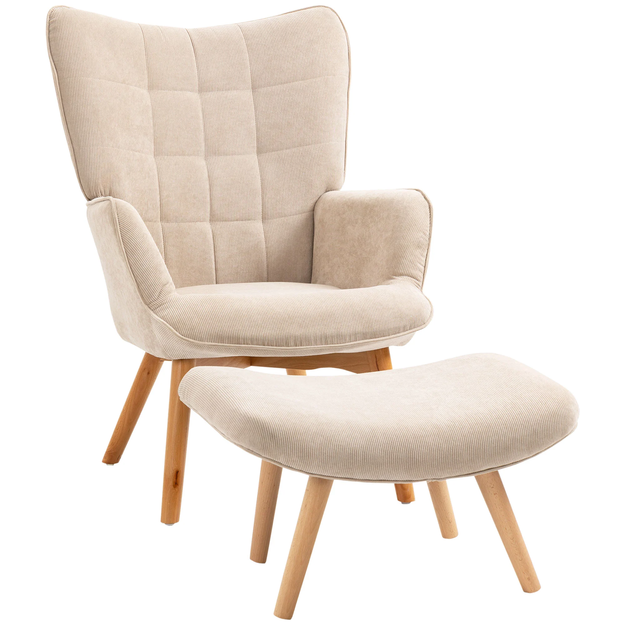 Fauteuil avec repose pied, fauteuil salon avec pieds en bois, dossier haut et tissu aspect velours c?telé, pour salon chambre à coucher beige - Image 2
