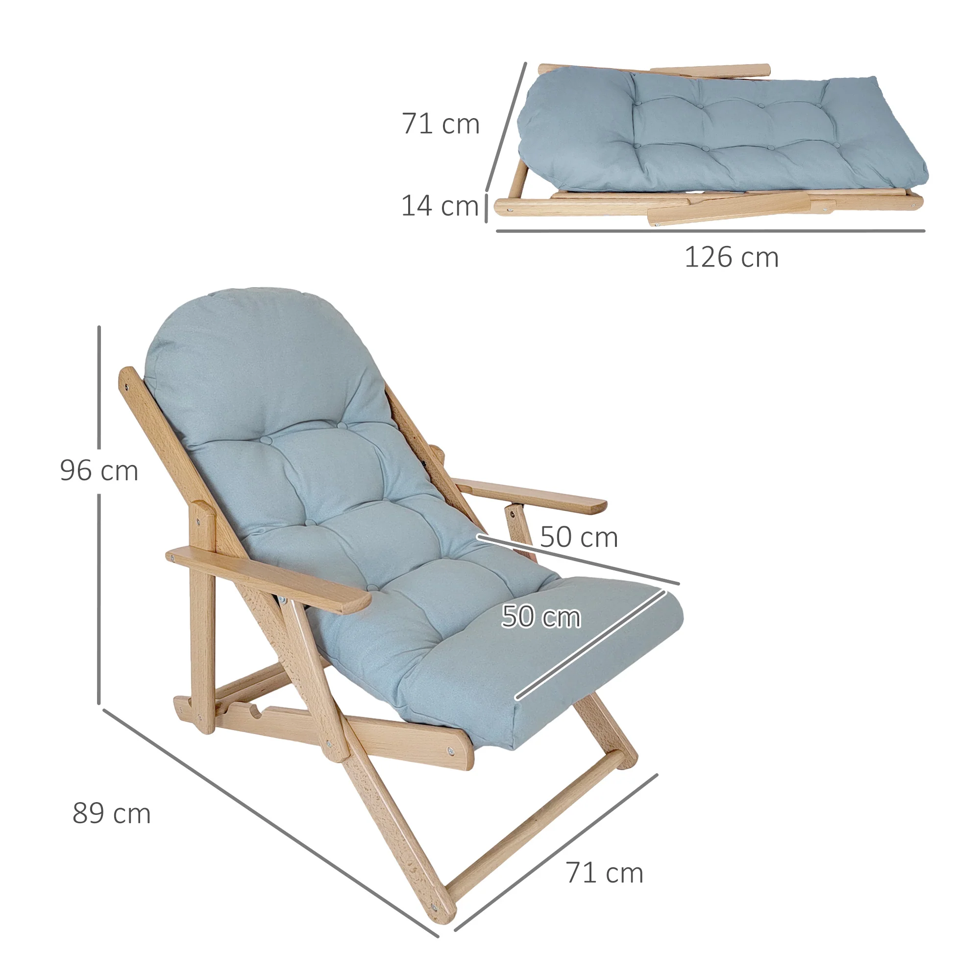 Fauteuil Chaise de Salon Pliable et inclinable en Bois Fauteuil Relax Confortable avec Coussin capitonné épais - 71 x 89 x 96 cm gris - Image 4