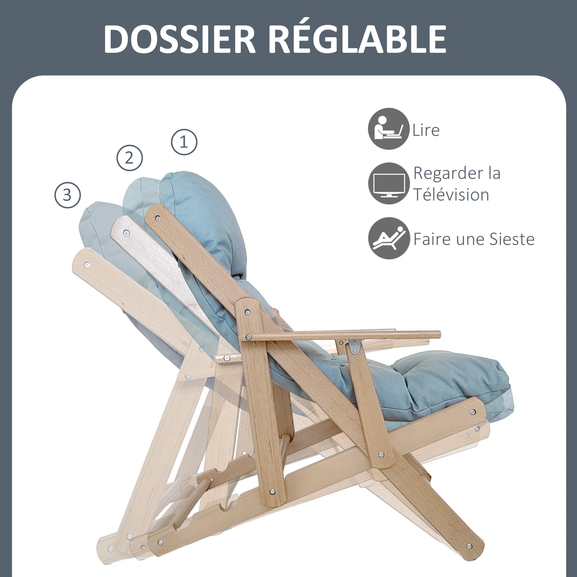 Fauteuil Chaise de Salon Pliable et inclinable en Bois Fauteuil Relax Confortable avec Coussin capitonné épais - 71 x 89 x 96 cm gris - Image 5