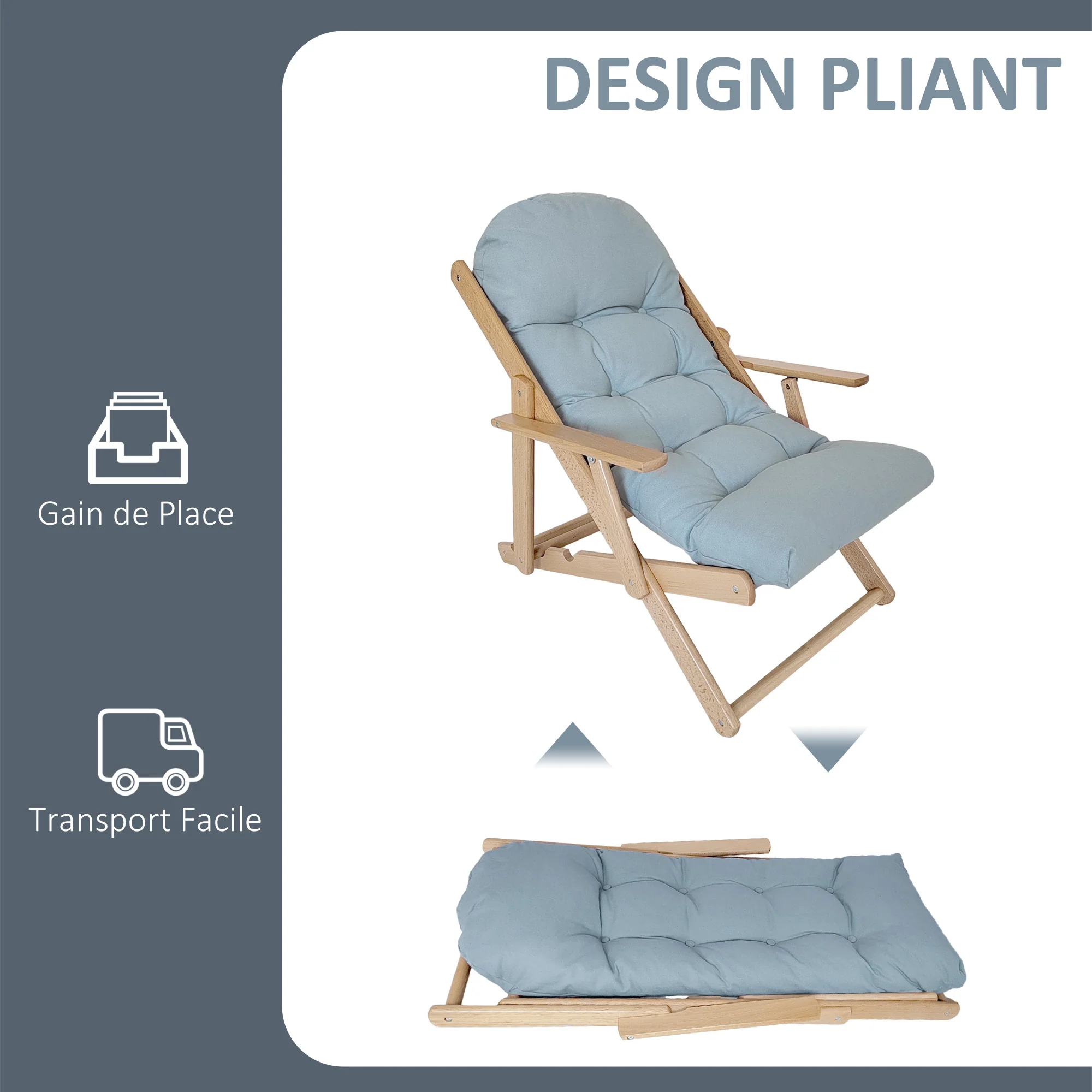 Fauteuil Chaise de Salon Pliable et inclinable en Bois Fauteuil Relax Confortable avec Coussin capitonné épais - 71 x 89 x 96 cm gris - Image 7