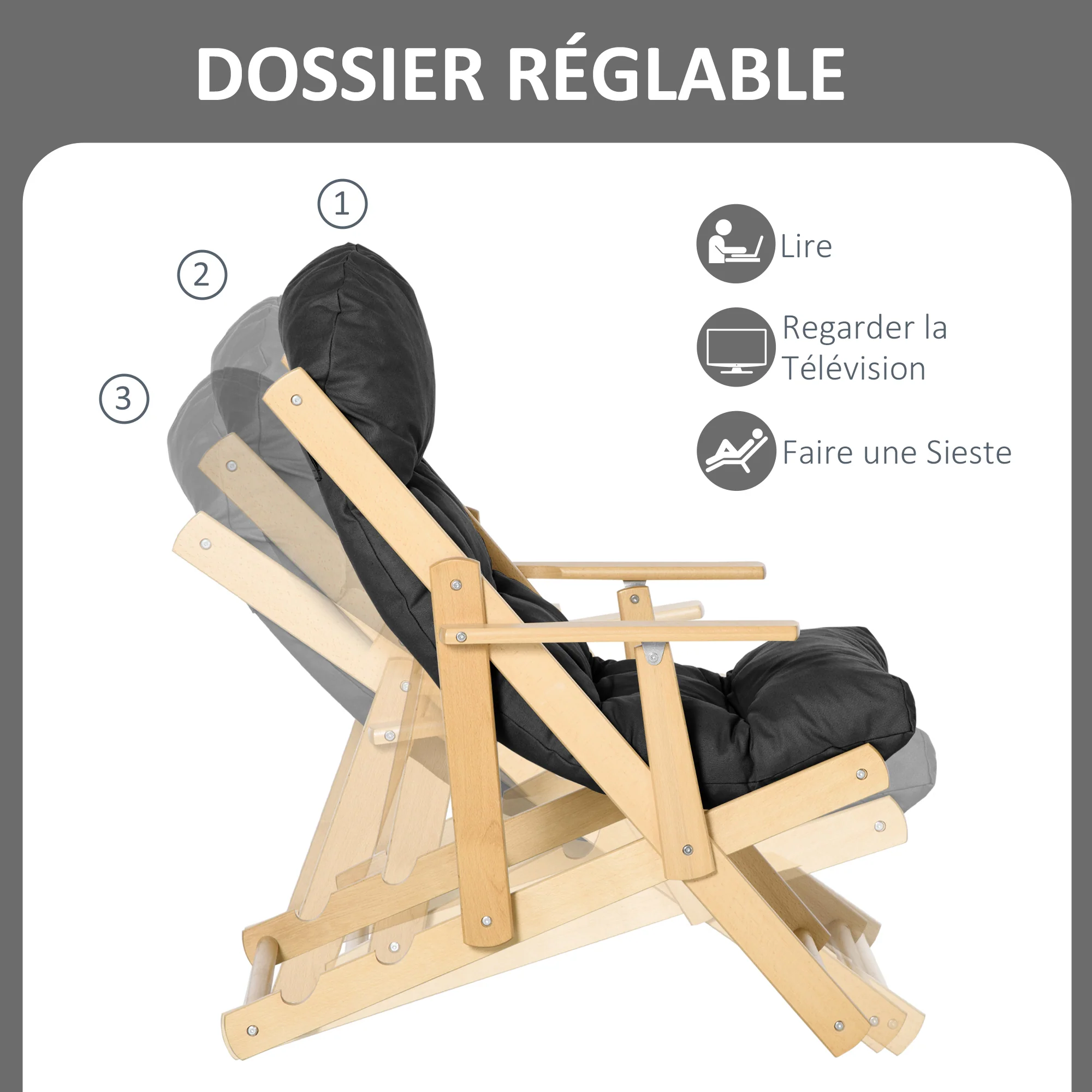 Fauteuil Chaise de Salon Pliable et inclinable en Bois Fauteuil Relax Confortable avec Coussin capitonné épais - 71 x 89 x 96 cm noir - Image 5
