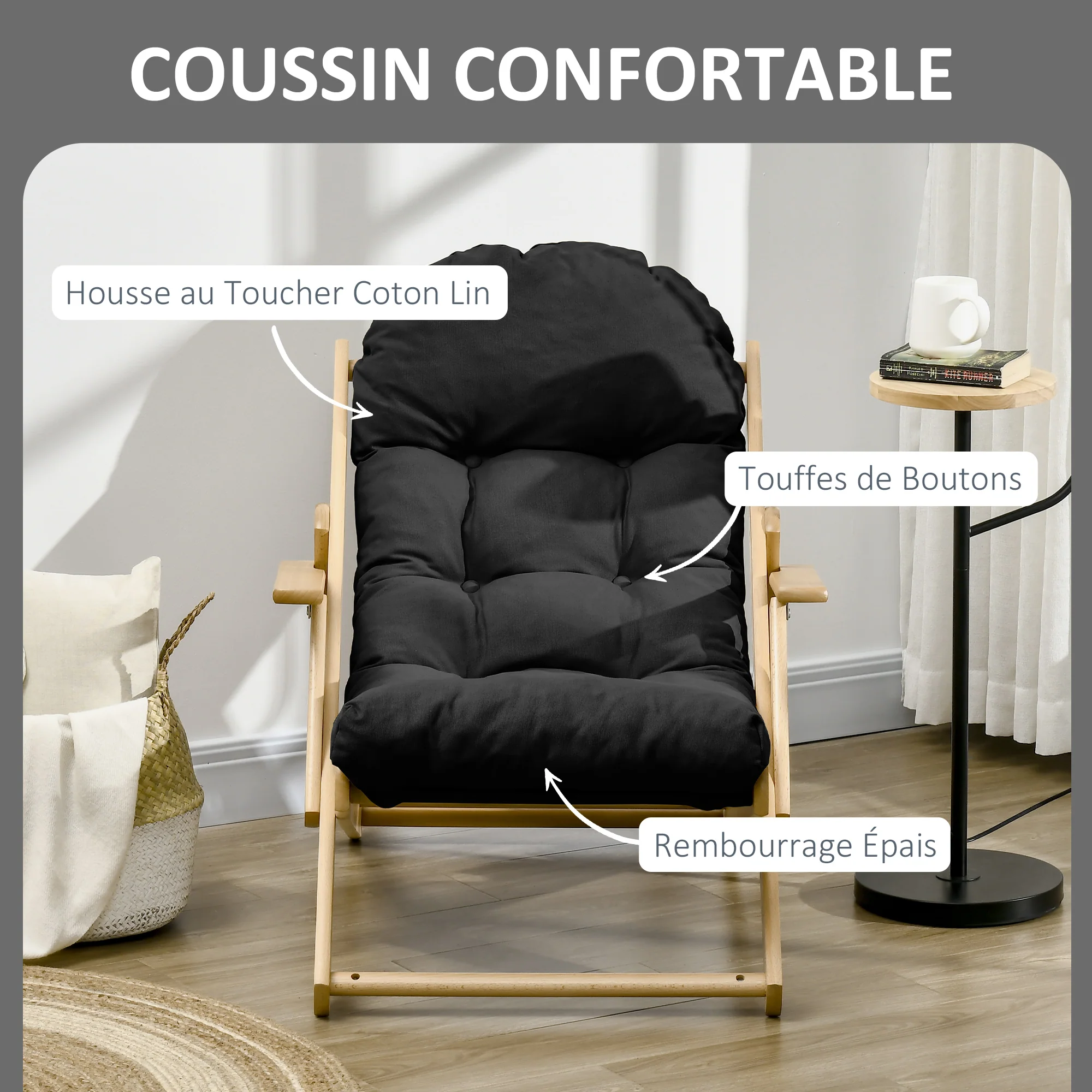 Fauteuil Chaise de Salon Pliable et inclinable en Bois Fauteuil Relax Confortable avec Coussin capitonné épais - 71 x 89 x 96 cm noir - Image 6