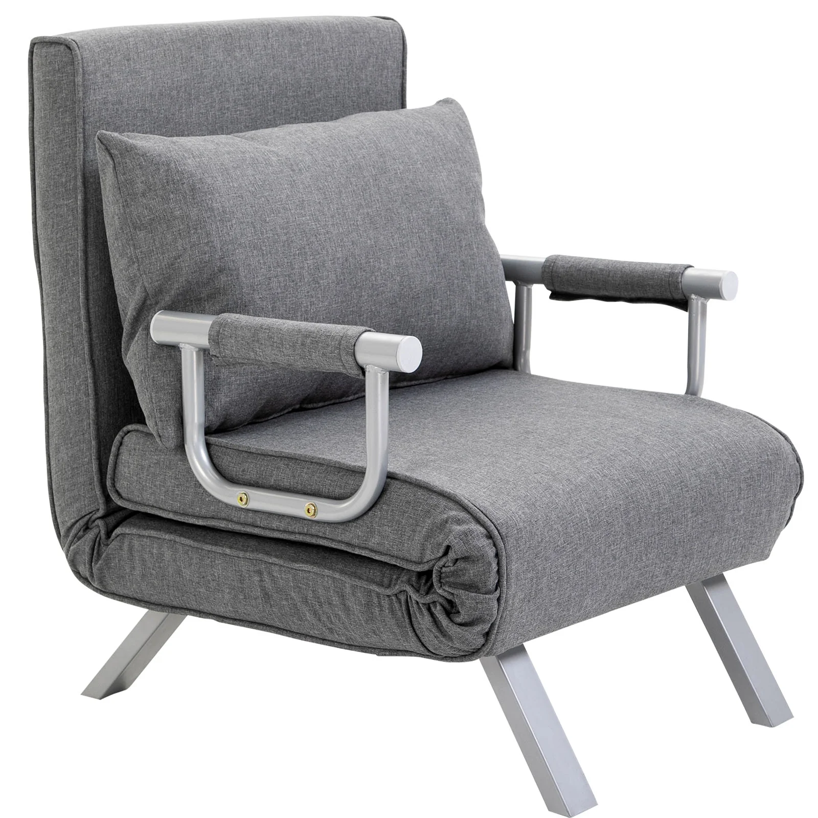 Fauteuil chauffeuse canapé-lit Convertible 1 Place déhoussable Grand Confort Coussin Pieds accoudoirs métal Lin Gris Clair