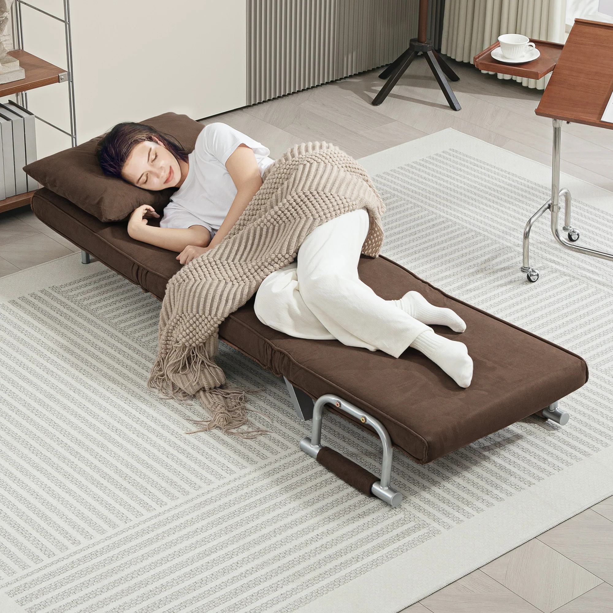 Fauteuil chauffeuse canapé-lit Convertible 1 Place déhoussable Grand Confort Coussin Pieds accoudoirs métal suède Marron - Image 10
