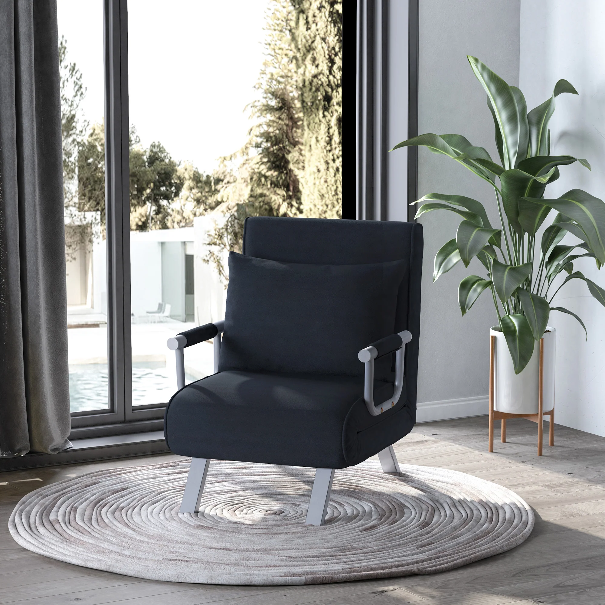 Fauteuil chauffeuse canapé-lit Convertible 1 Place déhoussable Grand Confort Coussin Pieds accoudoirs métal suède Noir - Image 3