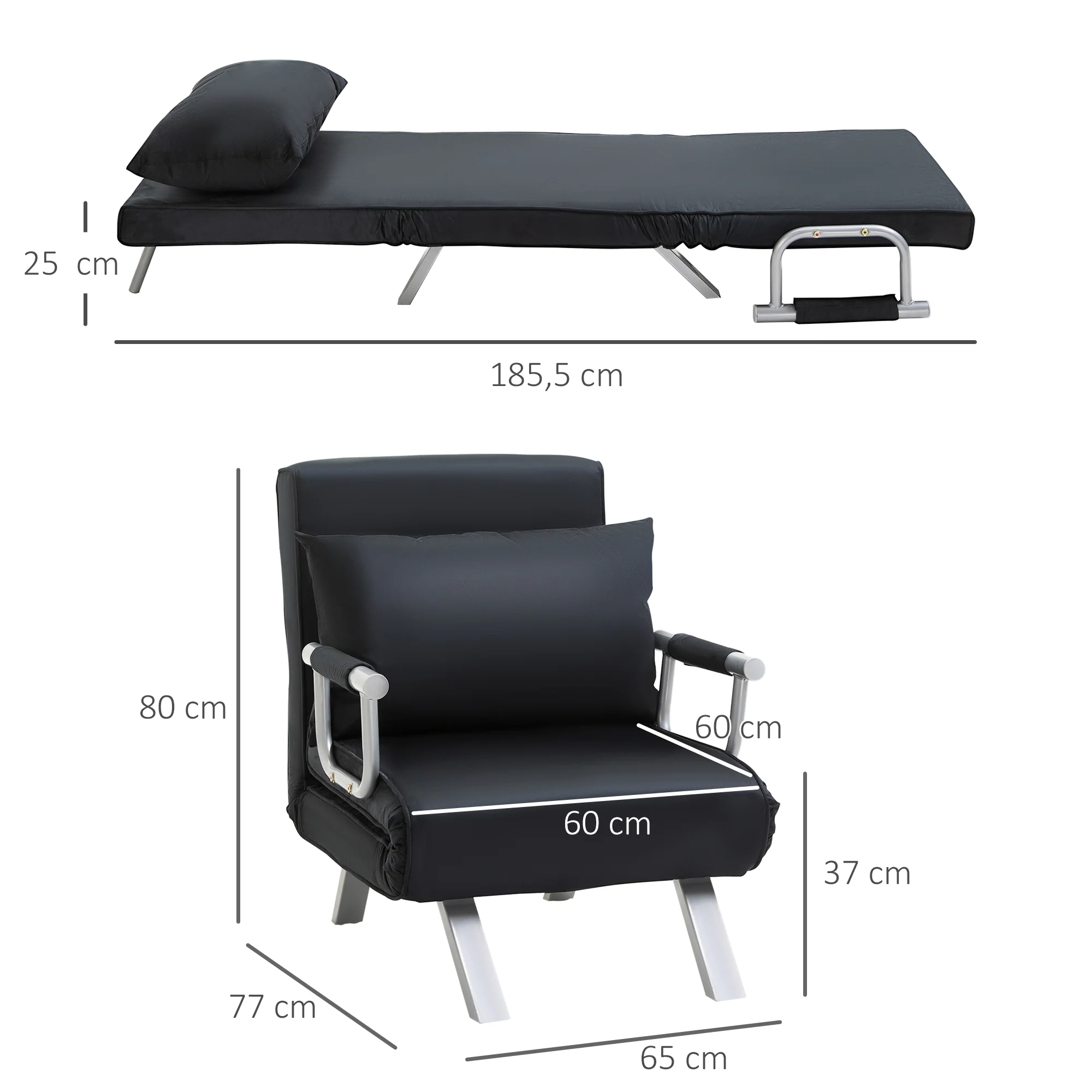 Fauteuil chauffeuse canapé-lit Convertible 1 Place déhoussable Grand Confort Coussin Pieds accoudoirs métal suède Noir - Image 4