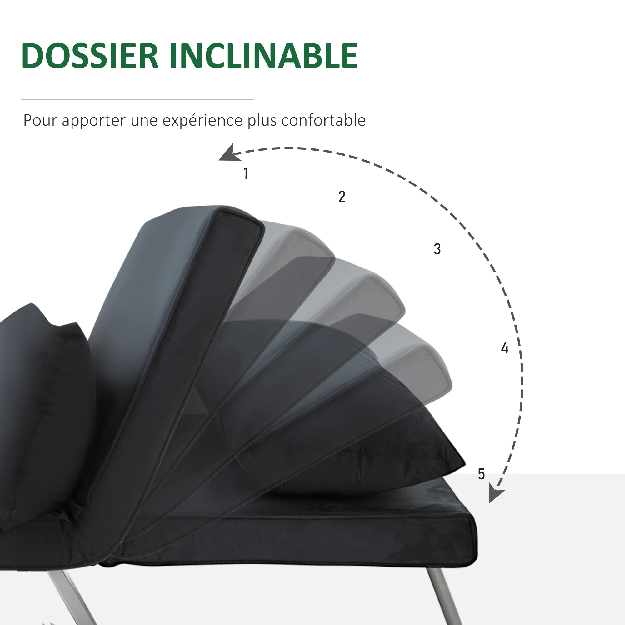 Fauteuil chauffeuse canapé-lit Convertible 1 Place déhoussable Grand Confort Coussin Pieds accoudoirs métal suède Noir - Image 5