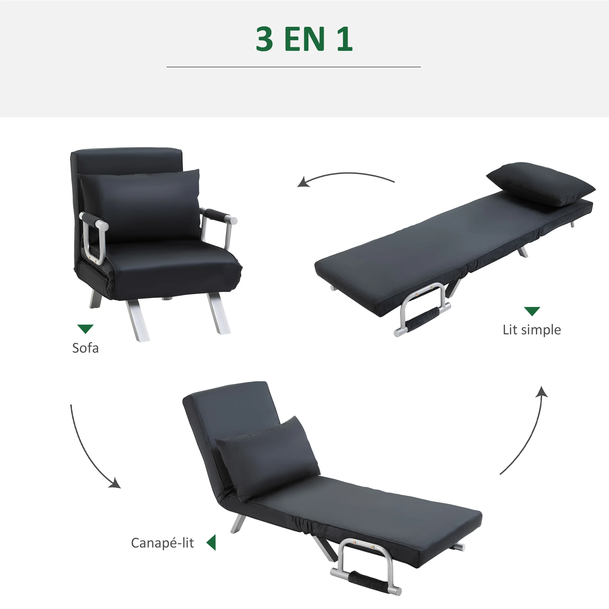 Fauteuil chauffeuse canapé-lit Convertible 1 Place déhoussable Grand Confort Coussin Pieds accoudoirs métal suède Noir - Image 6