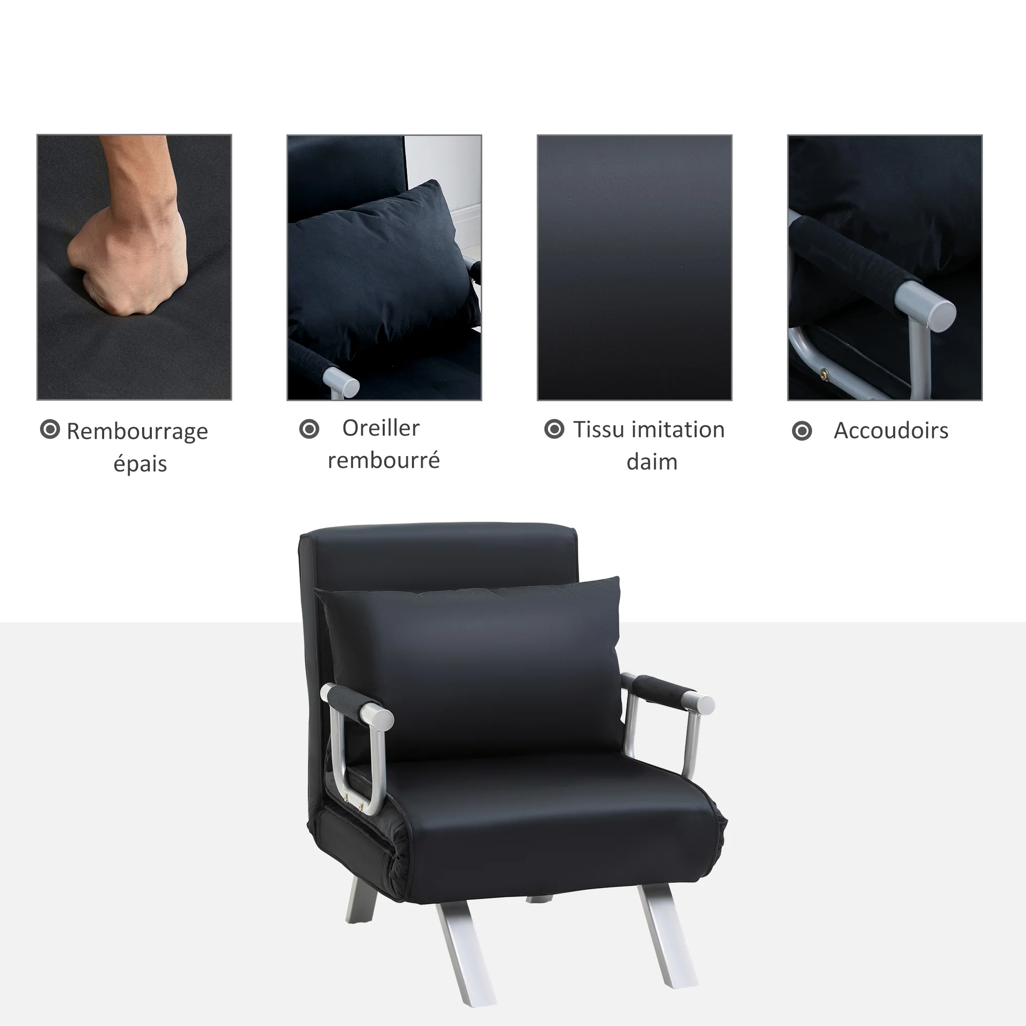 Fauteuil chauffeuse canapé-lit Convertible 1 Place déhoussable Grand Confort Coussin Pieds accoudoirs métal suède Noir - Image 7