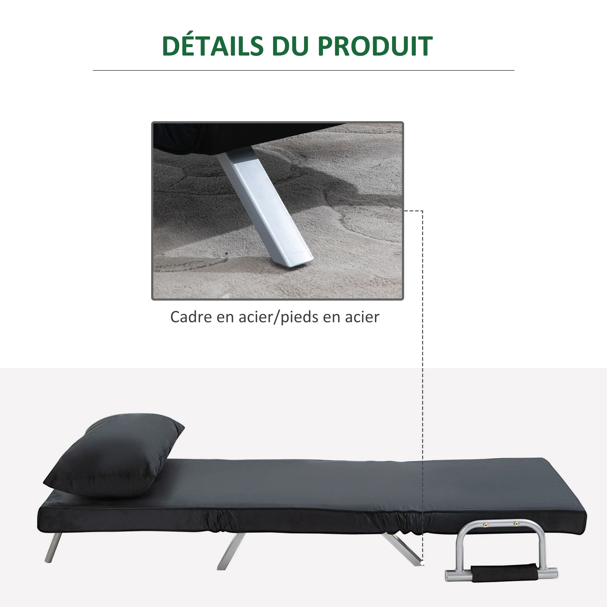 Fauteuil chauffeuse canapé-lit Convertible 1 Place déhoussable Grand Confort Coussin Pieds accoudoirs métal suède Noir - Image 8