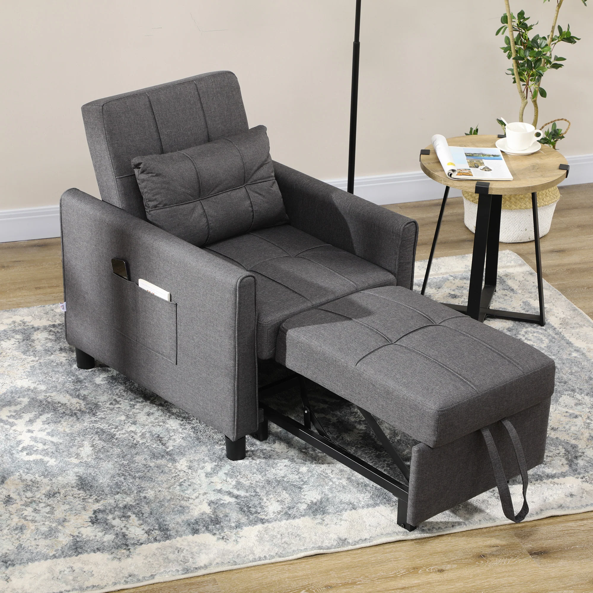 Fauteuil convertible 1 place 3 en 1, fauteuil lit avec dossier réglable en 3 positions, oreiller inclus et 2 poches latérales, canapé-lit 1 place pour invités, salon, bureau, gris - Image 3