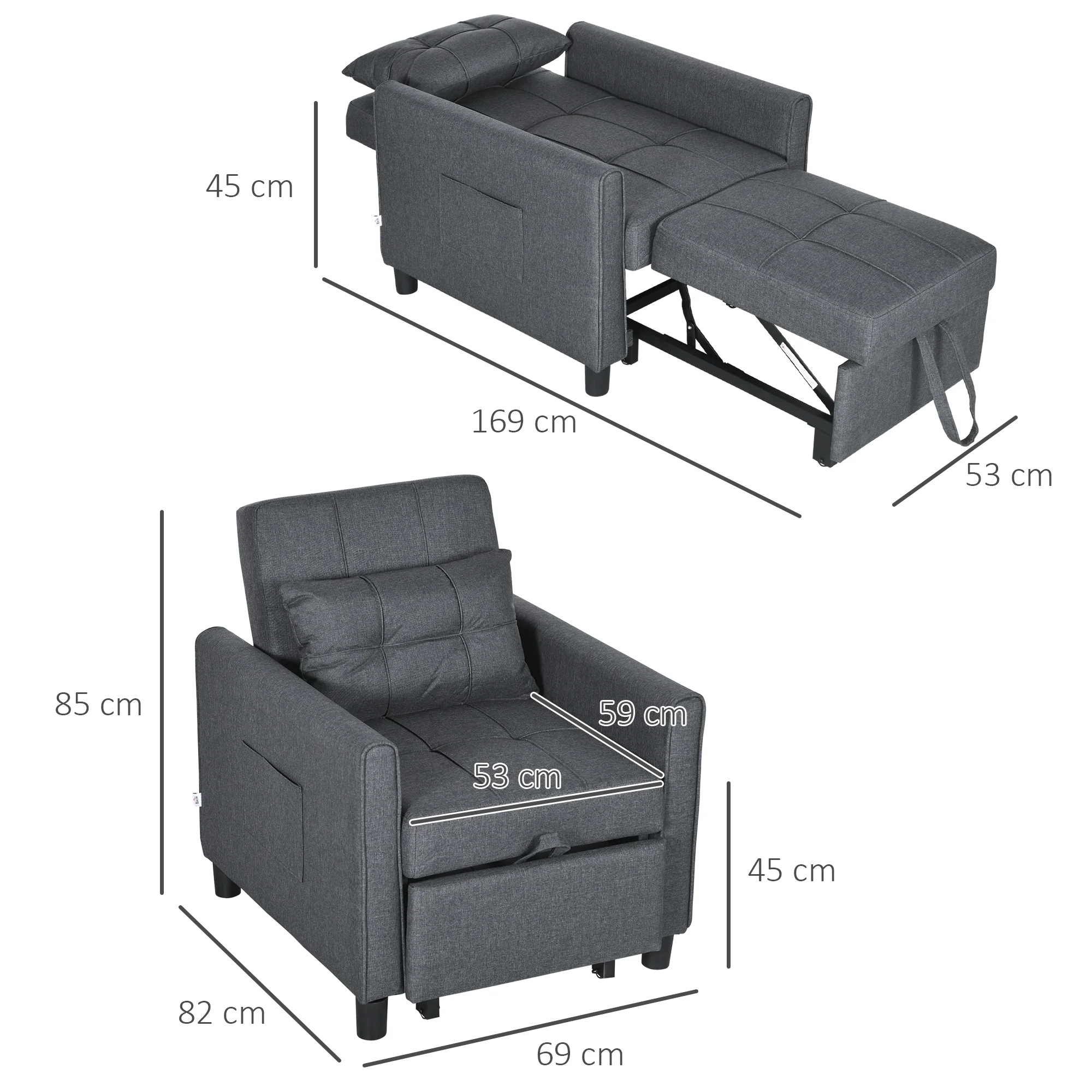 Fauteuil convertible 1 place 3 en 1, fauteuil lit avec dossier réglable en 3 positions, oreiller inclus et 2 poches latérales, canapé-lit 1 place pour invités, salon, bureau, gris - Image 4