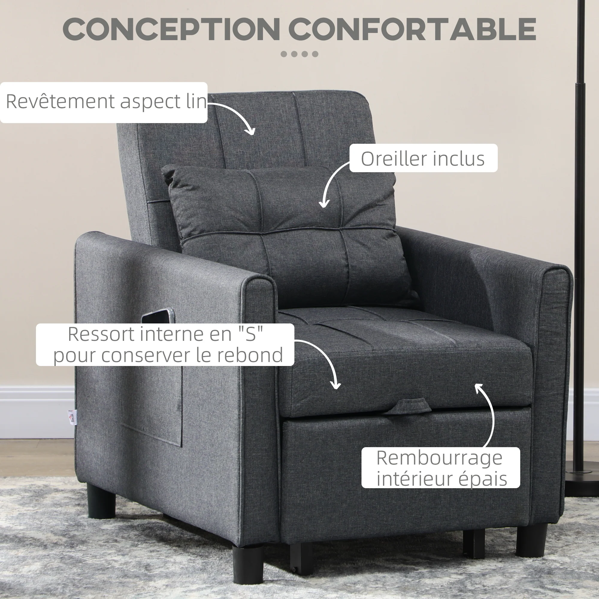 Fauteuil convertible 1 place 3 en 1, fauteuil lit avec dossier réglable en 3 positions, oreiller inclus et 2 poches latérales, canapé-lit 1 place pour invités, salon, bureau, gris - Image 5