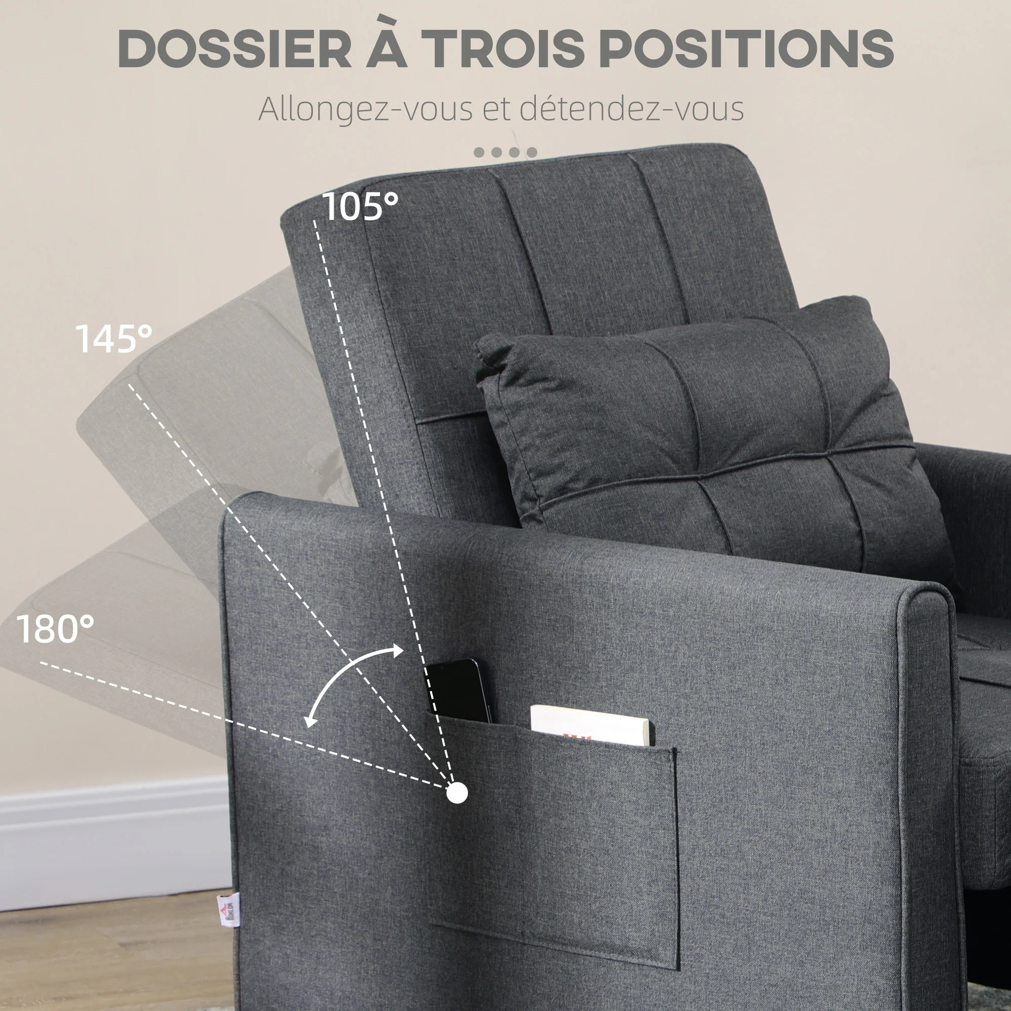 Fauteuil convertible 1 place 3 en 1, fauteuil lit avec dossier réglable en 3 positions, oreiller inclus et 2 poches latérales, canapé-lit 1 place pour invités, salon, bureau, gris - Image 6