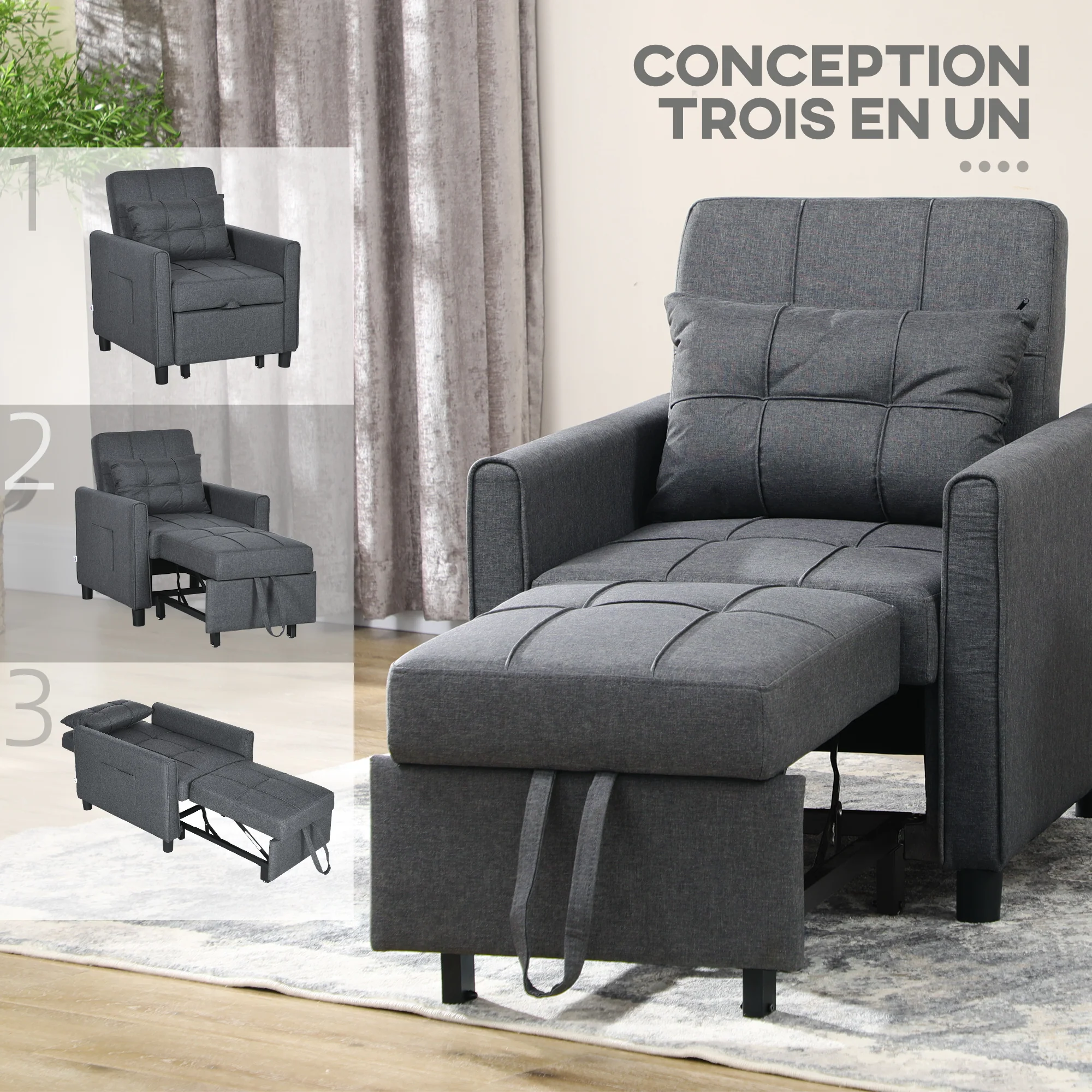 Fauteuil convertible 1 place 3 en 1, fauteuil lit avec dossier réglable en 3 positions, oreiller inclus et 2 poches latérales, canapé-lit 1 place pour invités, salon, bureau, gris - Image 7