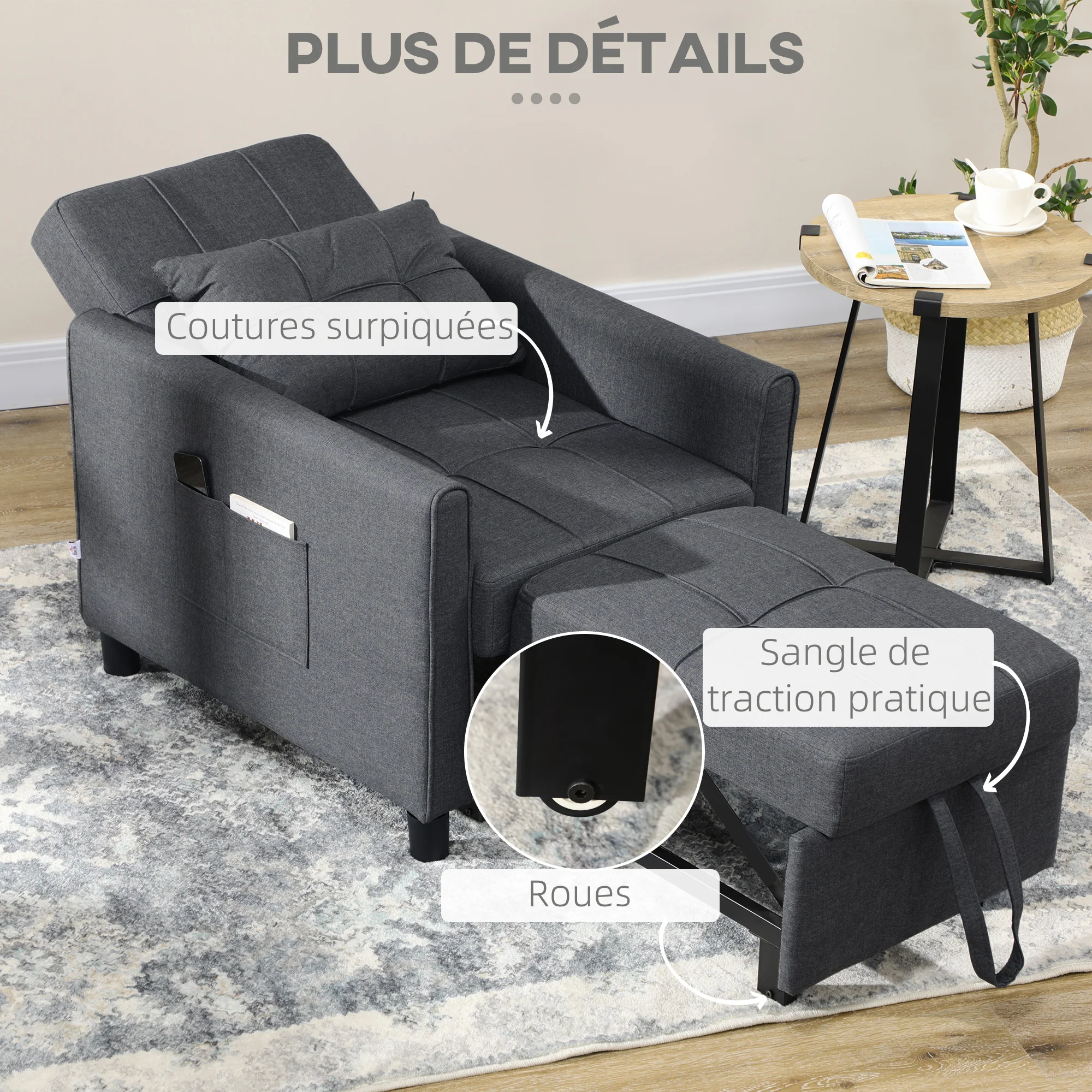 Fauteuil convertible 1 place 3 en 1, fauteuil lit avec dossier réglable en 3 positions, oreiller inclus et 2 poches latérales, canapé-lit 1 place pour invités, salon, bureau, gris - Image 8