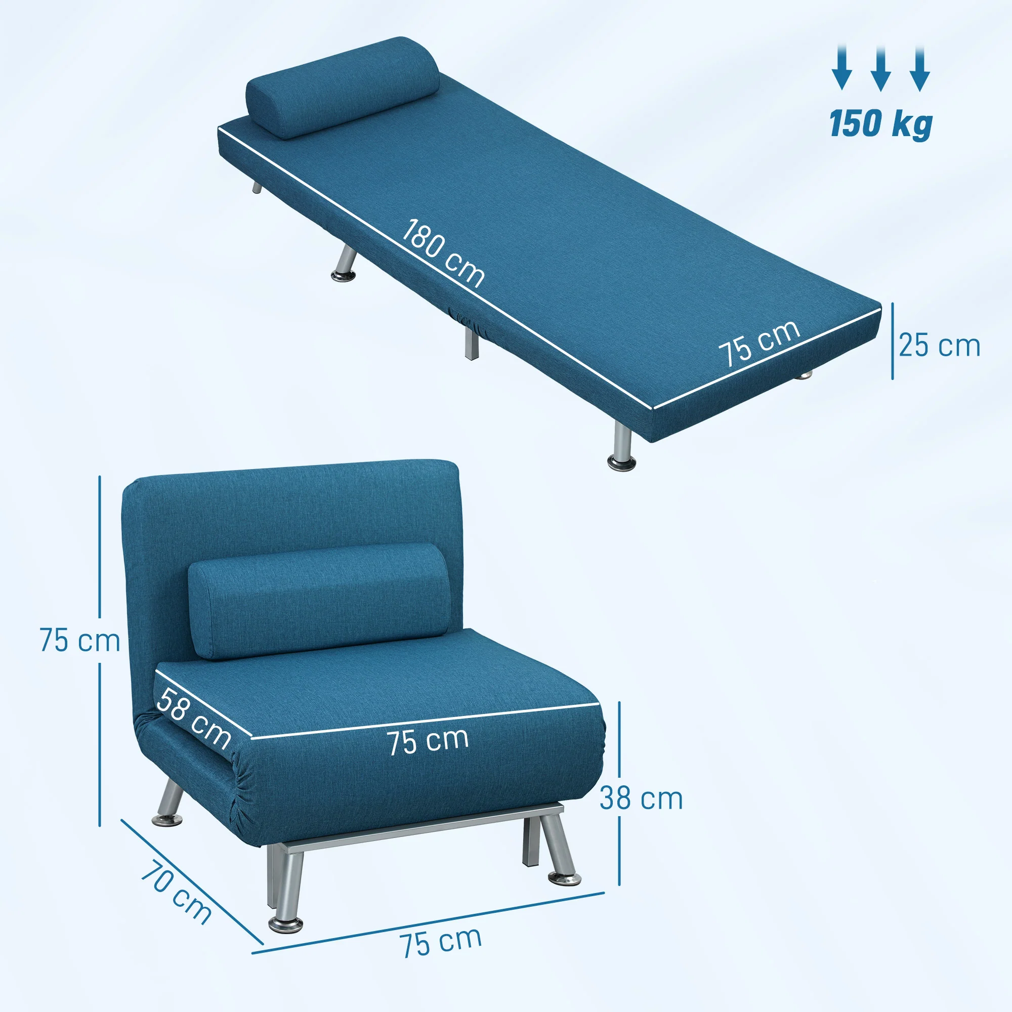 Fauteuil convertible 1 place chauffeuse 3 en 1 fauteuil lit avec dossier réglable en 5 positions, coussin inclus, canapé-lit 1 place pour invités, salon, charge 150 kg bleu - Image 4