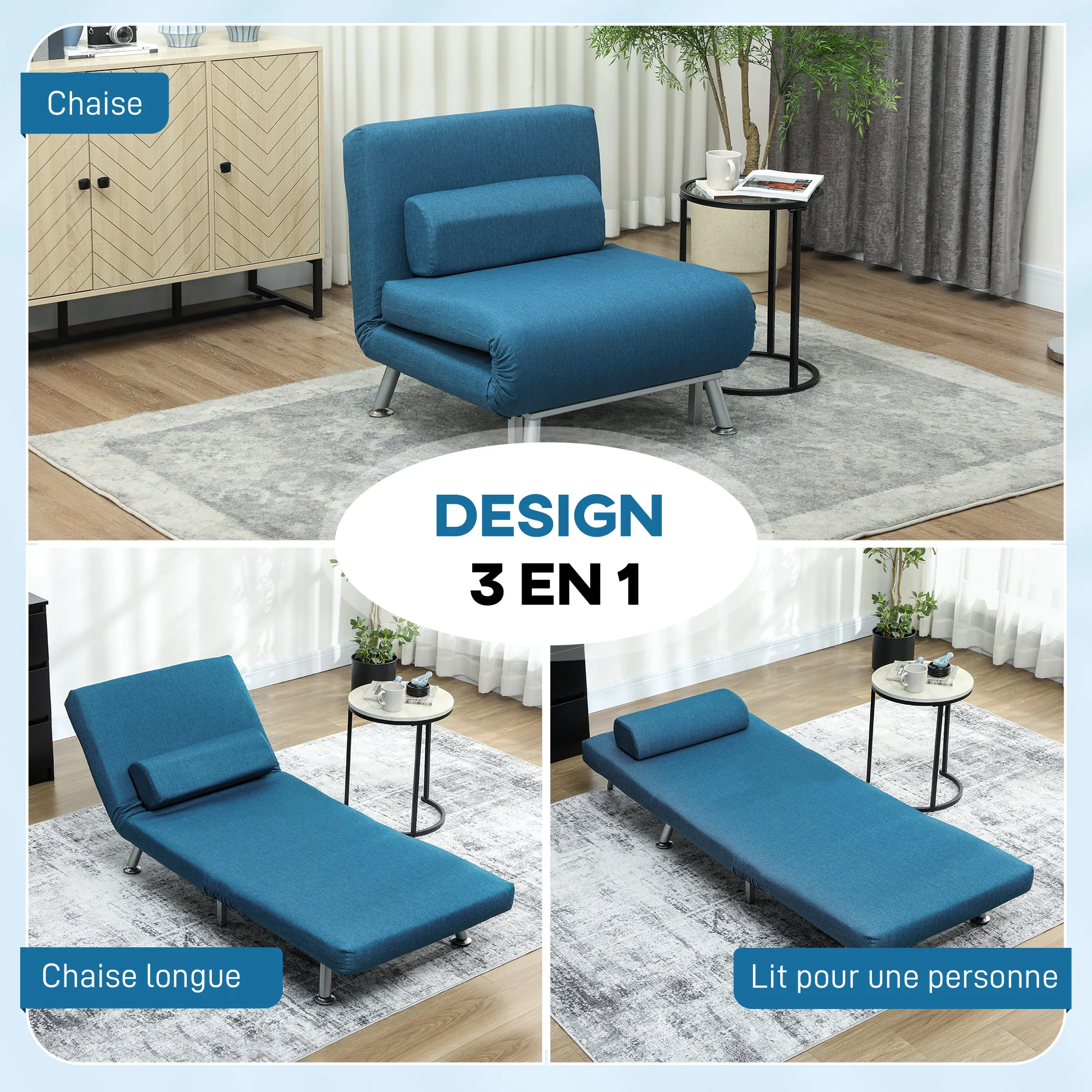 Fauteuil convertible 1 place chauffeuse 3 en 1 fauteuil lit avec dossier réglable en 5 positions, coussin inclus, canapé-lit 1 place pour invités, salon, charge 150 kg bleu - Image 5