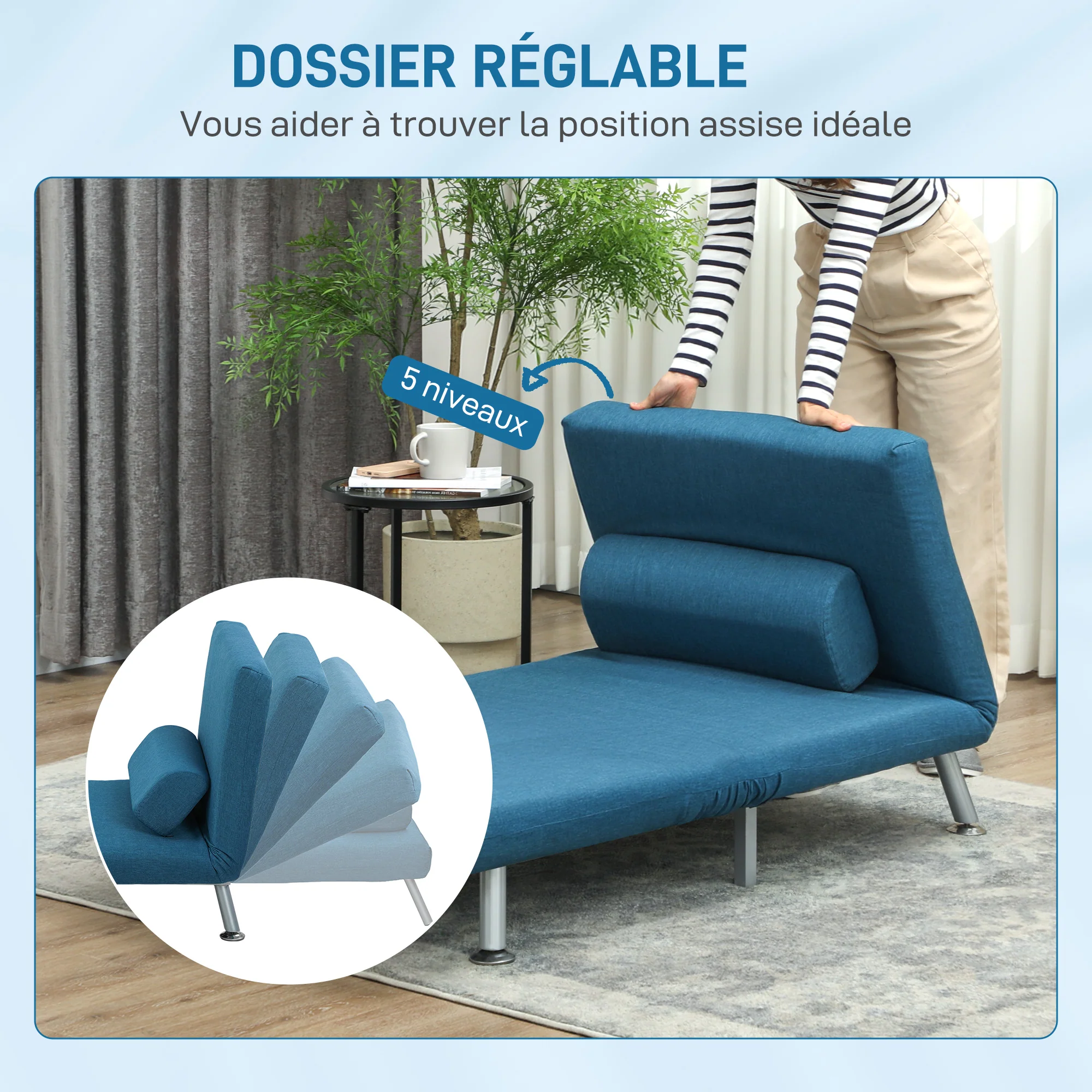 Fauteuil convertible 1 place chauffeuse 3 en 1 fauteuil lit avec dossier réglable en 5 positions, coussin inclus, canapé-lit 1 place pour invités, salon, charge 150 kg bleu - Image 6